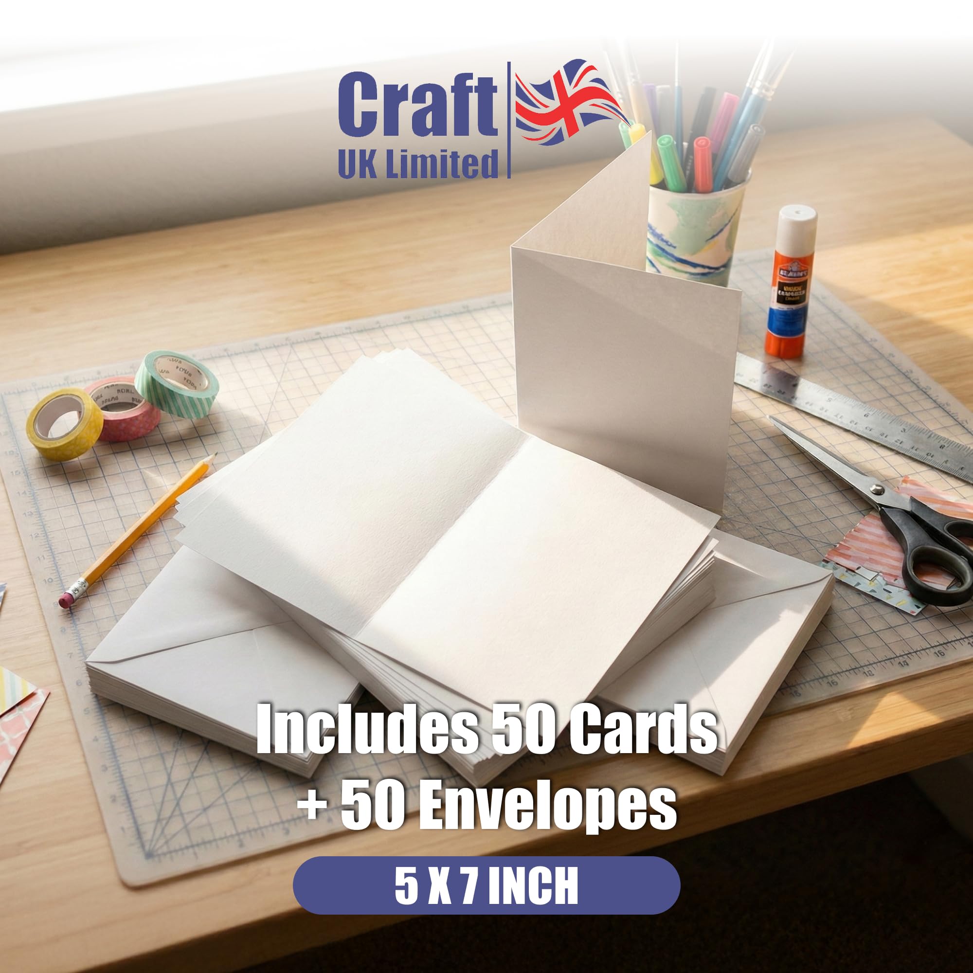 Craft UK Blank Greeting Cards and Envelopes - 50 Pack | 5 x 7 Inch | White Card Stock 3