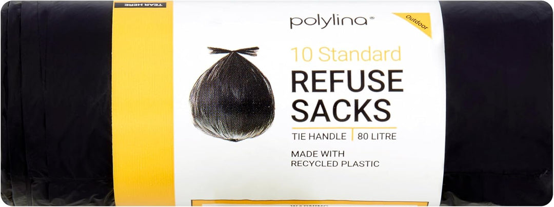 Polylina 10 Pack Tie Handle Refuse Sacks, 80 Litre Black Bin Bags Made from Recycled Plastic