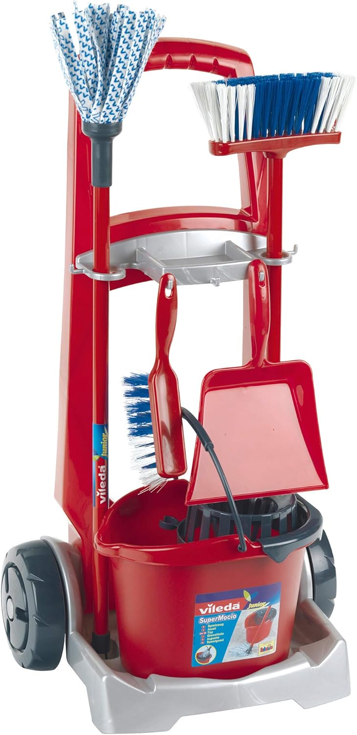 Theo Klein 6741 Vileda Broom Trolley Playset - Includes Mop, Bucket, Broom & Dustpan - Pretend Play for Ages 3+