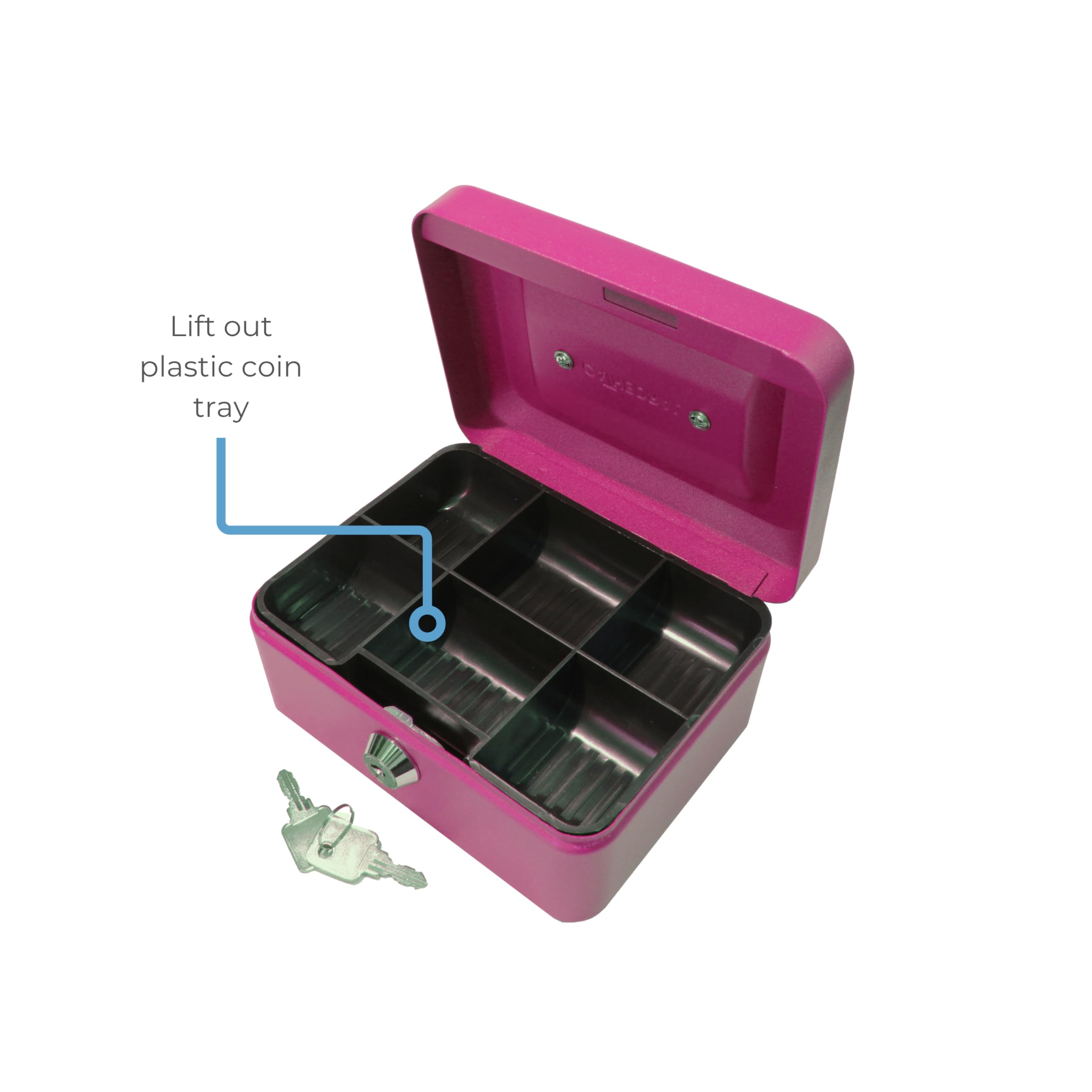 Cathedral Products Key Lockable Cash Box with 6 Compartment Coin Tray - 6 Inch - Pink 3