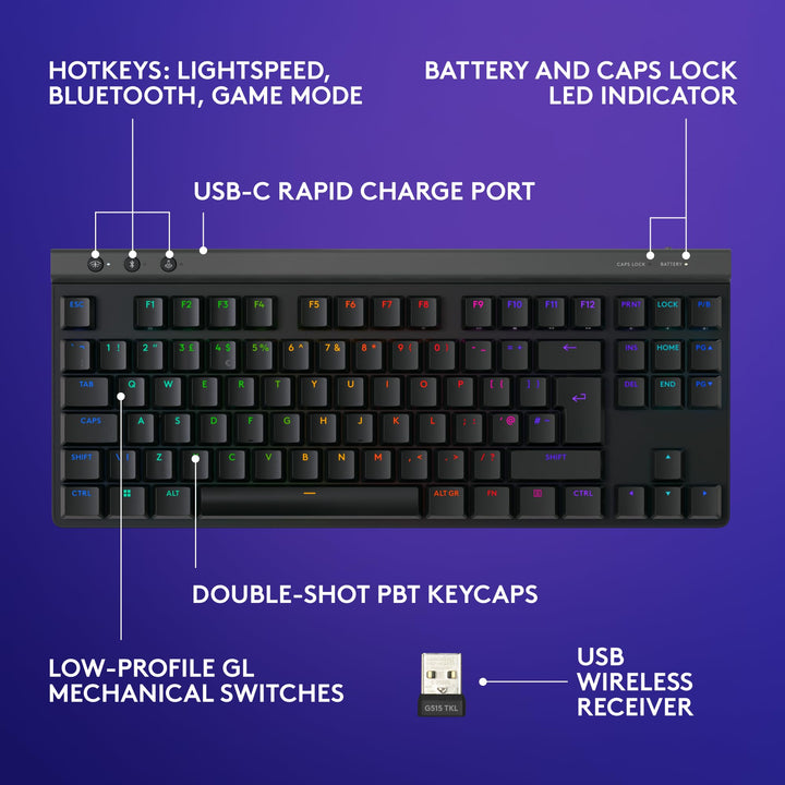 Logitech G G515 LIGHTSPEED TKL Wireless Gaming Keyboard with GL Brown Switches, Black