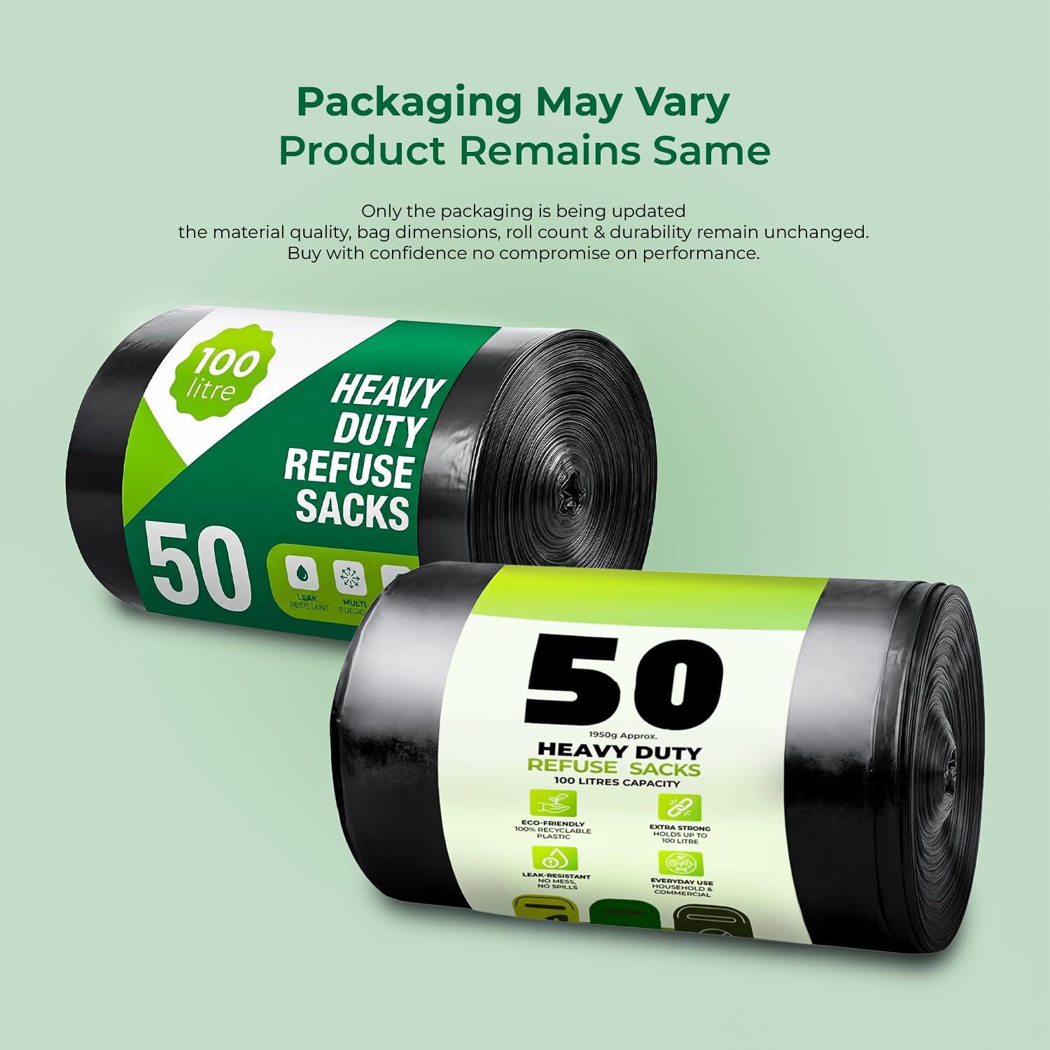 Roe Tenpo Heavy Duty Black Bin Bags - 100L Capacity, 50 Count | 33 μm Thick, Recyclable