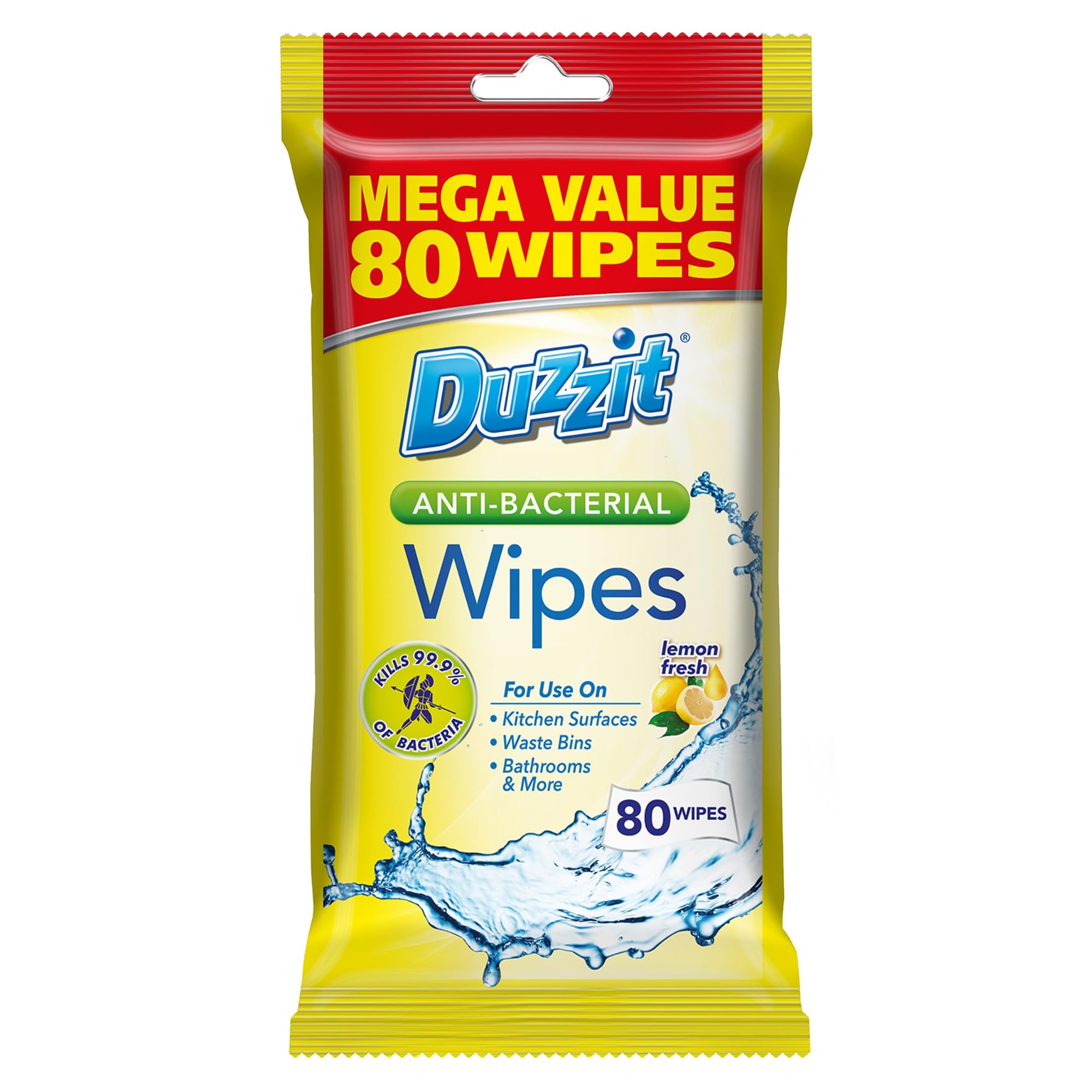 Duzzit Antibacterial Wipes - Kills 99.9% Bacteria & Viruses | Lemon Scent | 80 Count