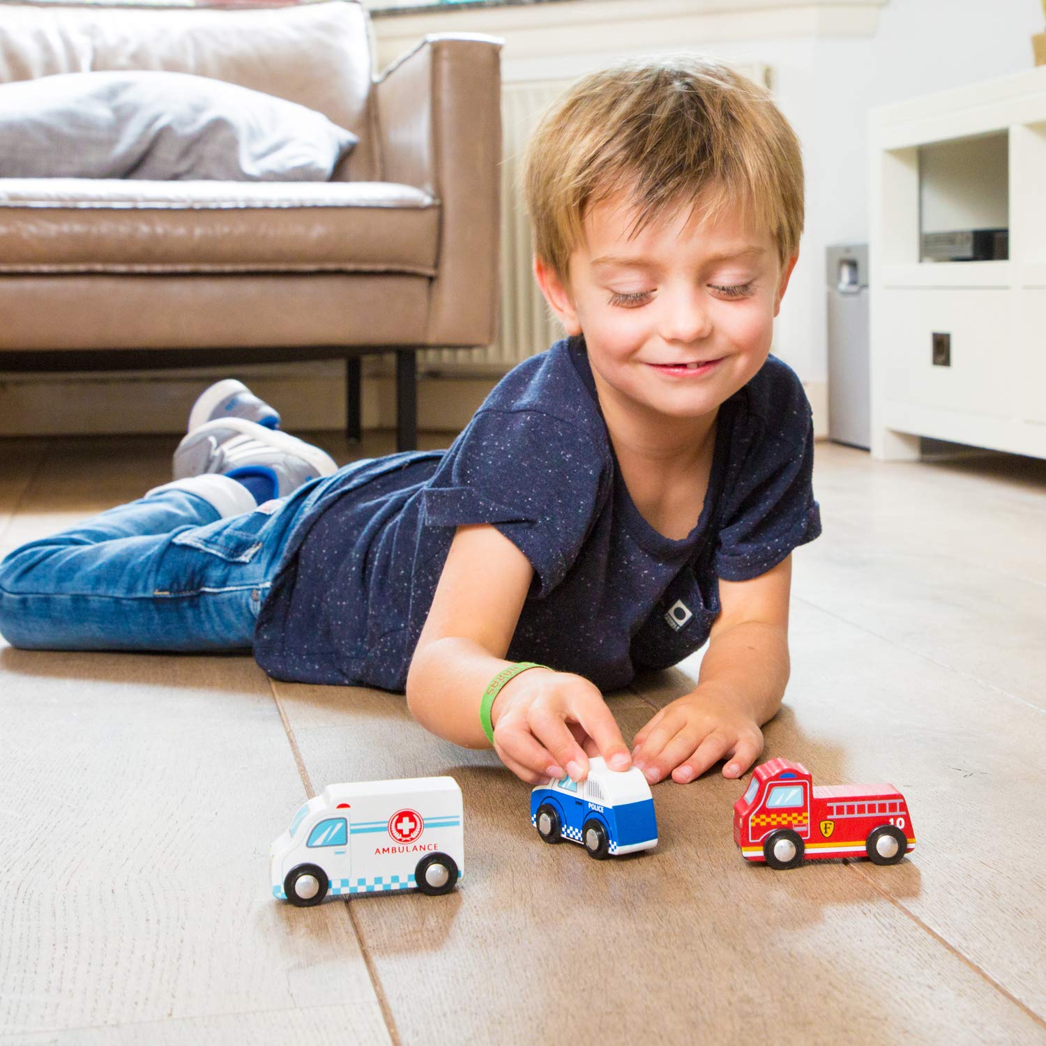 New Classic Toys 11933 Wooden Vehicles Set - Police Car, Fire Truck & Ambulance for Toddlers 12 Months+ 5