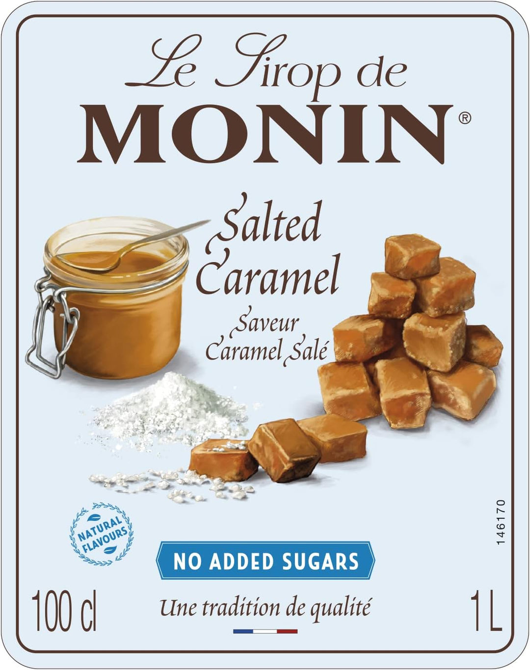 Monin Salted Caramel No Added Sugar Syrup 1L - Beverage Flavoring for Coffee, Cocktails & Frappes