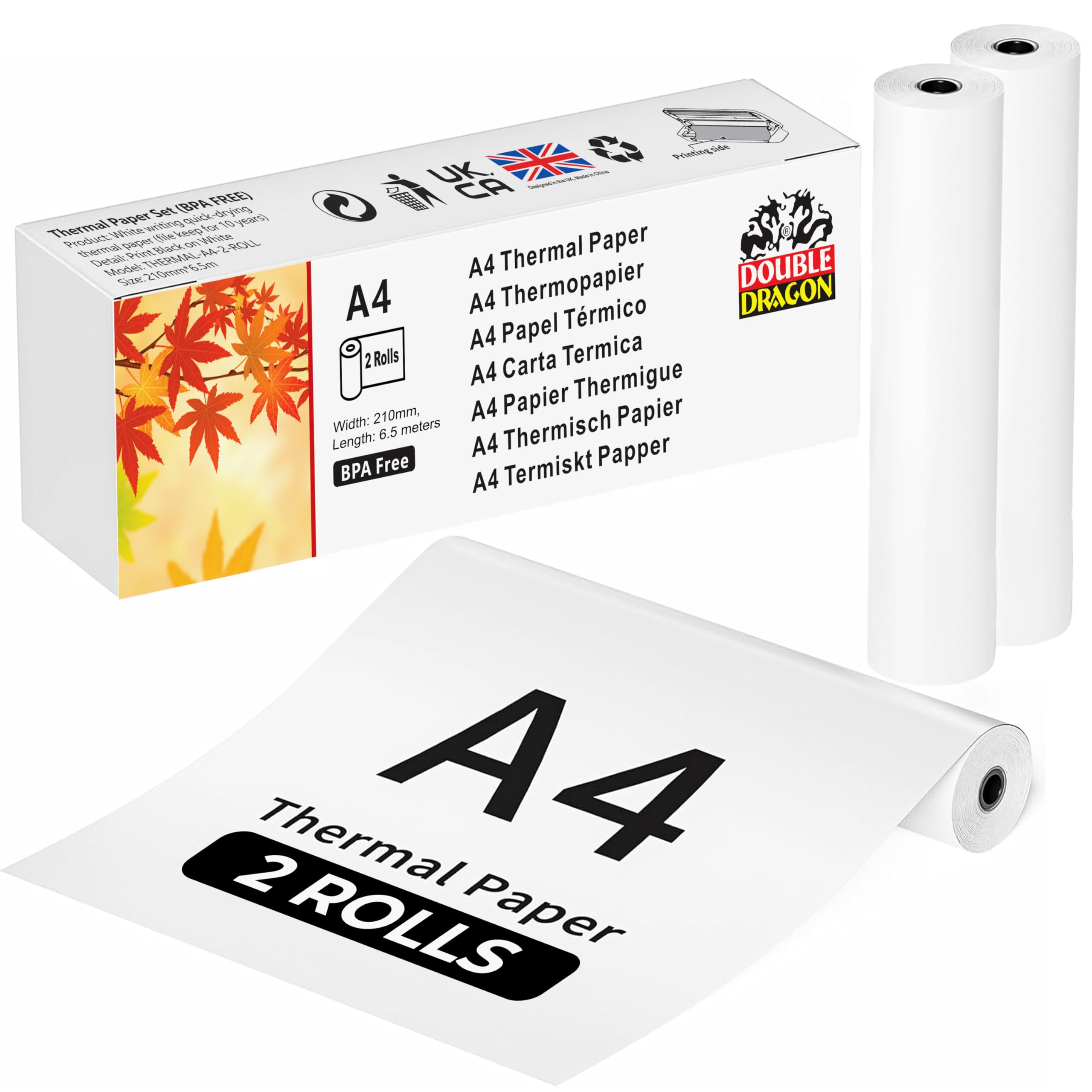 Double Dragon Thermal Printer Paper - 2 Rolls A4 Size (210mm x 6.5m) | Inkless & Water-Resistant 1