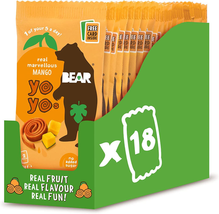 BEAR Mango Yoyos Fruit Rolls - 100% Real Fruit Snacks with Collectible Fact Cards (18 x 20 g)