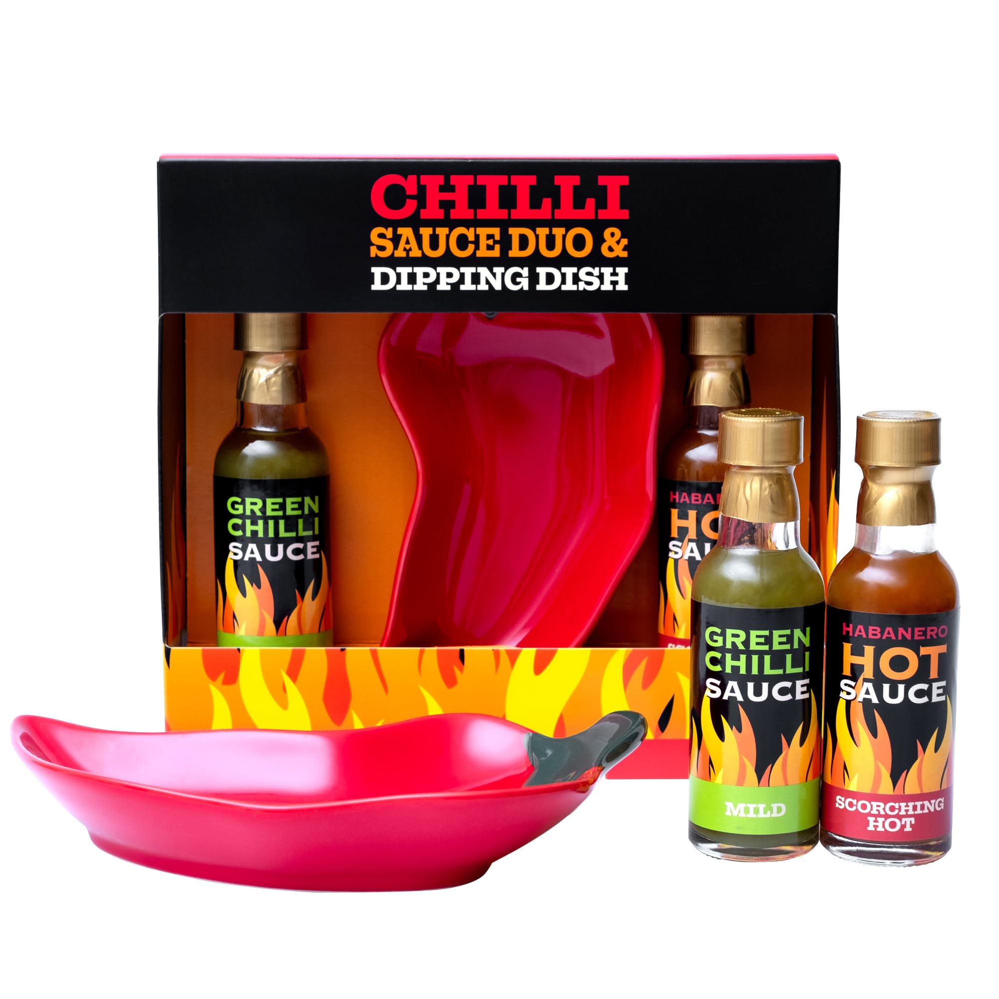 Hot Sauce Gift Set - Mild Green Chilli & Habanero Sauce Duo with Chilli Shaped Dipping Dish 1