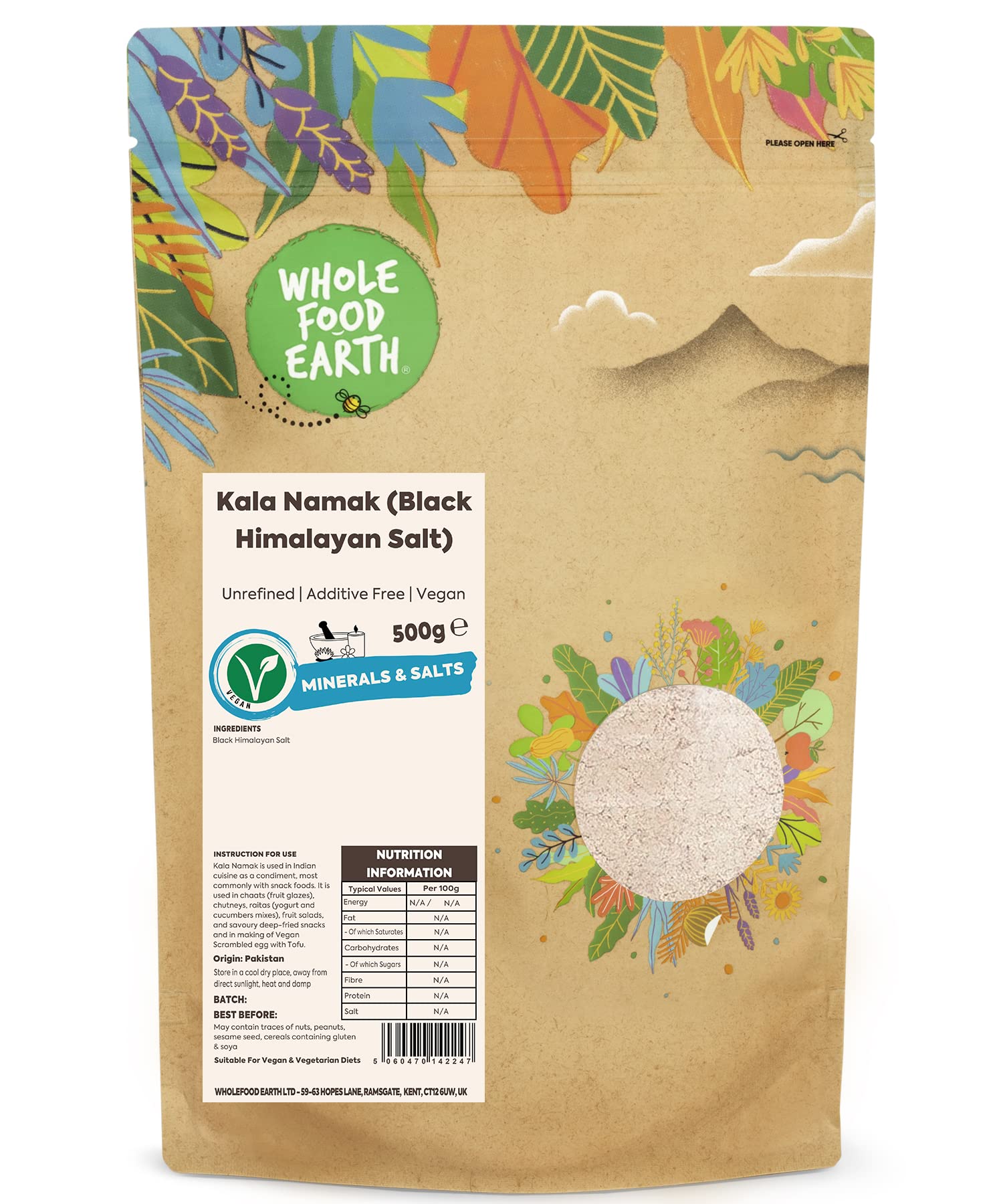 Wholefood Earth Kala Namak Himalayan Black Salt - Vegan Egg Replacement | 500g