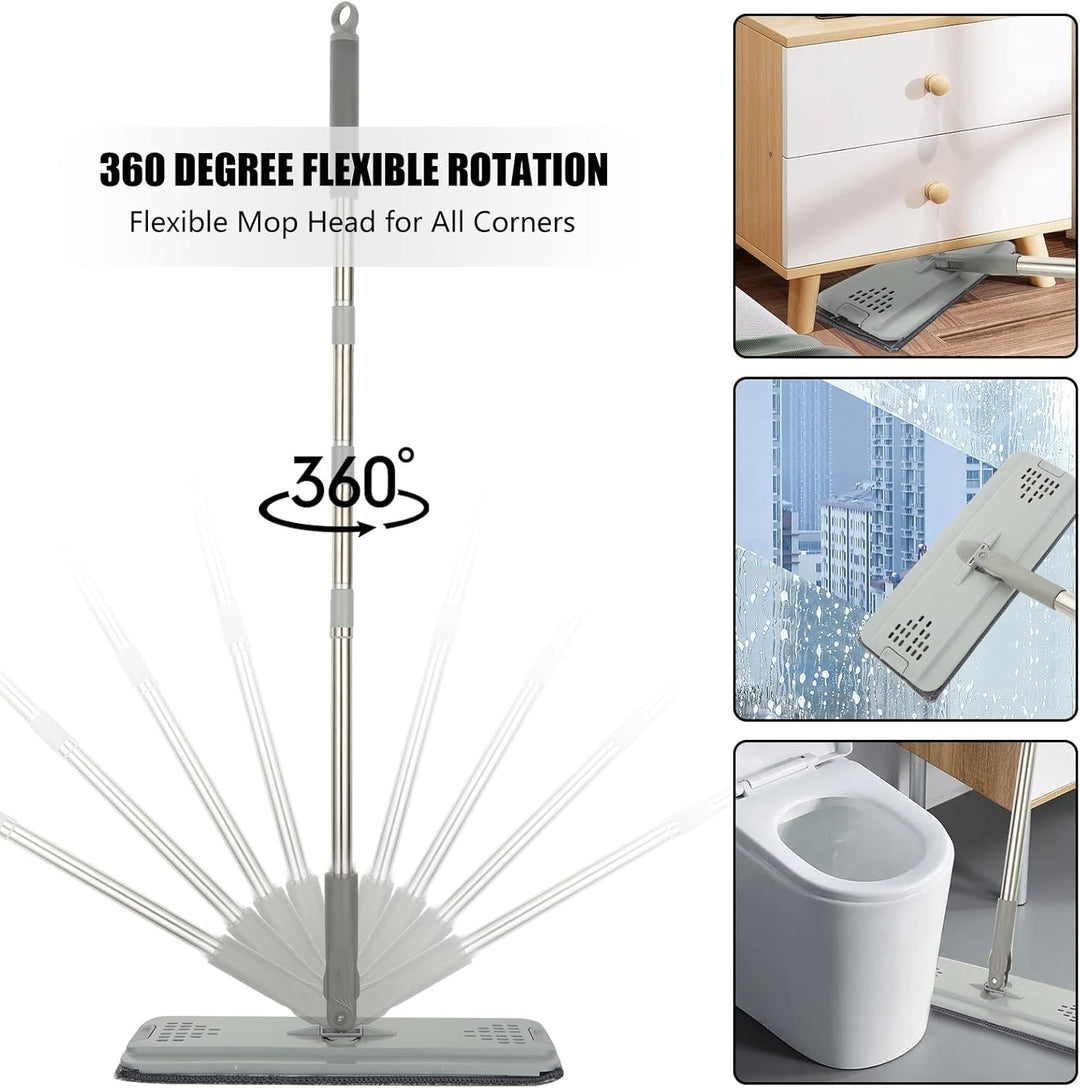 ASelected - Flat Mop and Bucket Set with Hands-Free Squeeze, 10 Reusable Microfiber Pads, Stainless Steel Handle
