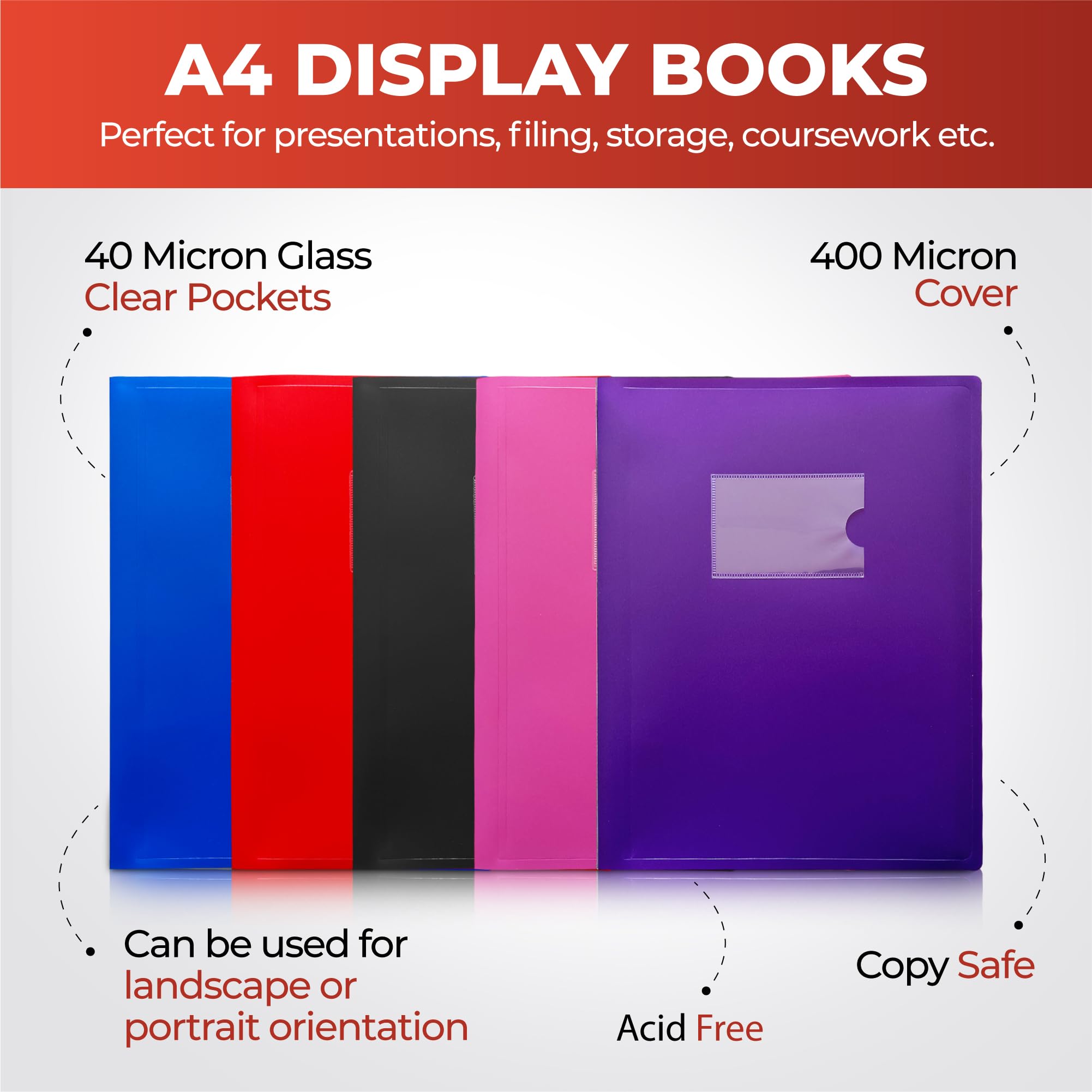 Janrax A4 Pink Flexible Cover Presentation Book - 20 Pockets | Copy Safe | Acid Free