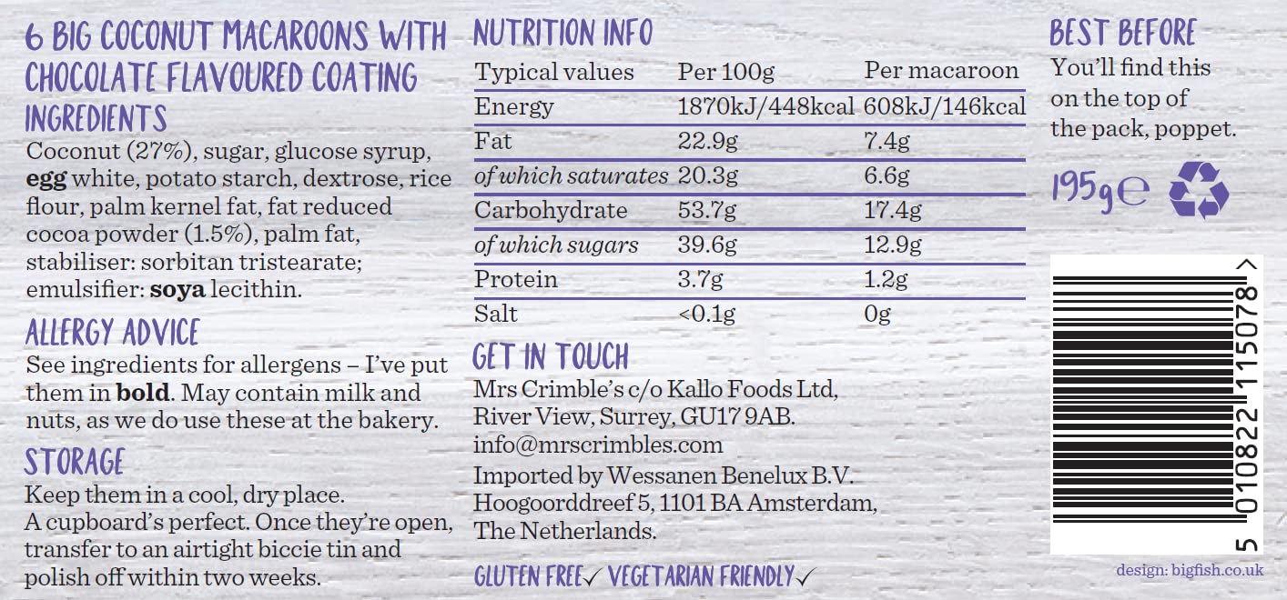 Mrs Crimbles 6 Large Chocolate Macaroons, 195g - Gluten Free, Moist Coconut Cookies with Cocoa 2