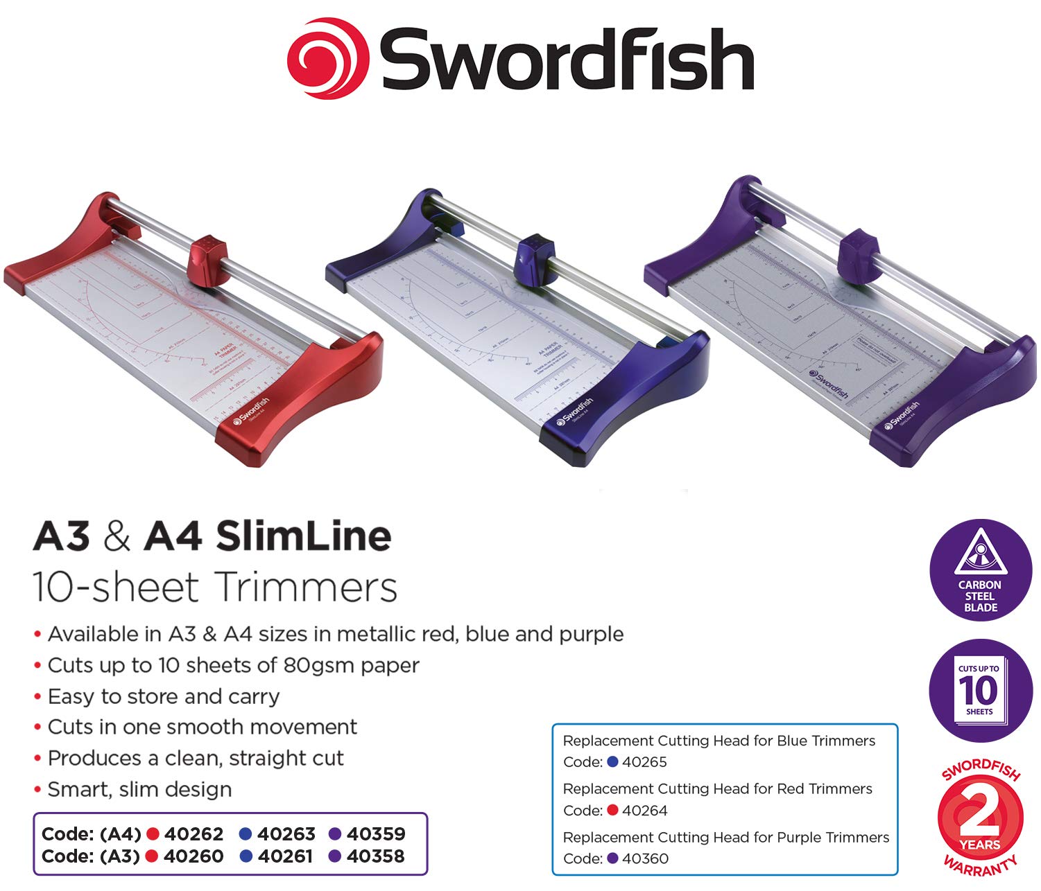 Swordfish Slimline A3 Rotary Paper Trimmer - 10 Sheet Capacity | Carbon Steel Blade | Red 3