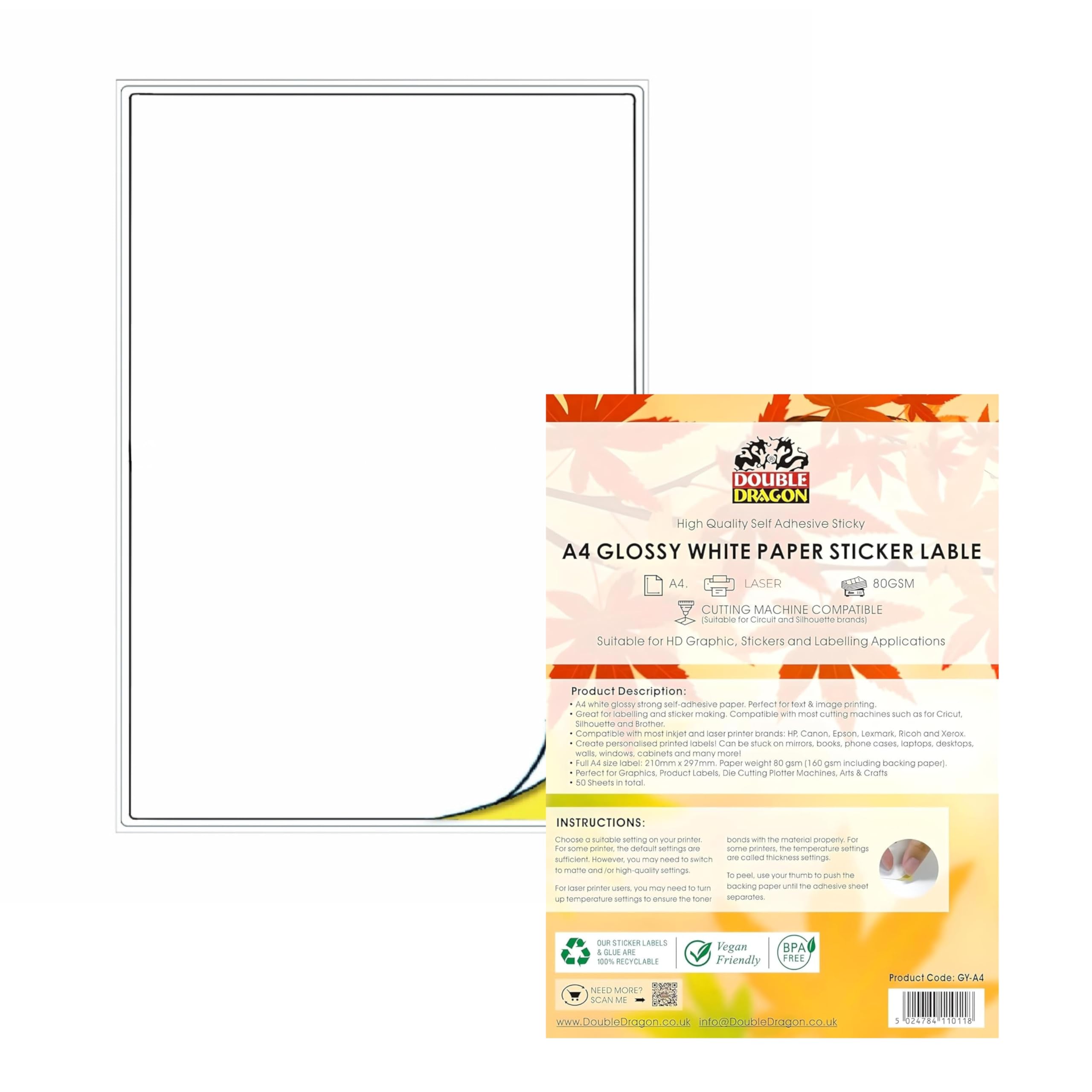 Double Dragon A4 Glossy White Printable Sticker Paper - 1 Label Per Sheet | 50 Sheets 1