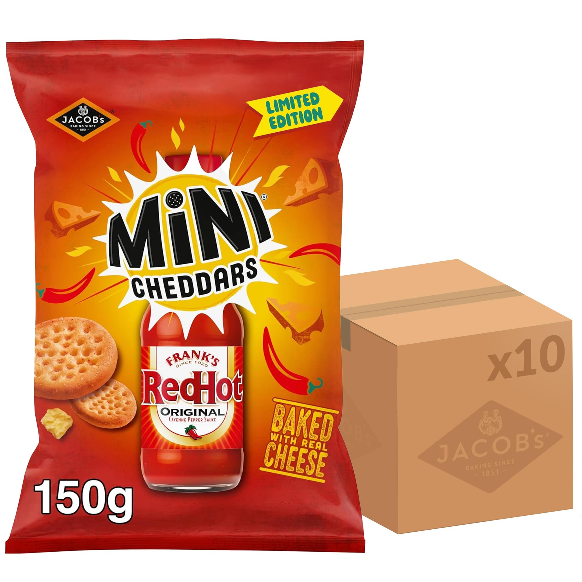 JACOB'S Mini Cheddars Franks Red Hot Original Baked Snacks Share Bag | 150g | 10 Pack 1