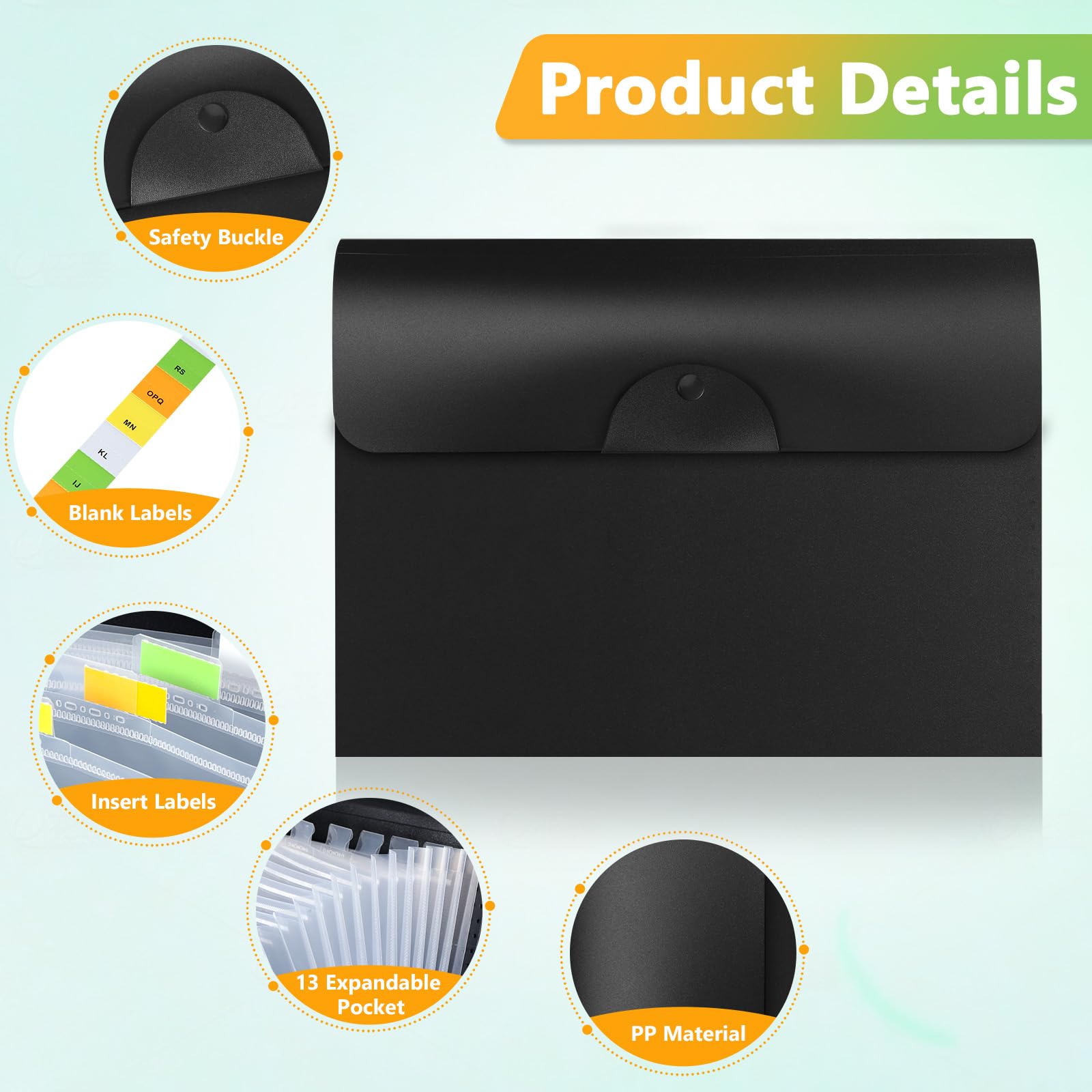 Brencco Expanding File Folder - 13 Pockets, Black Polypropylene (PP) Document Organizer | Snap Closure 3