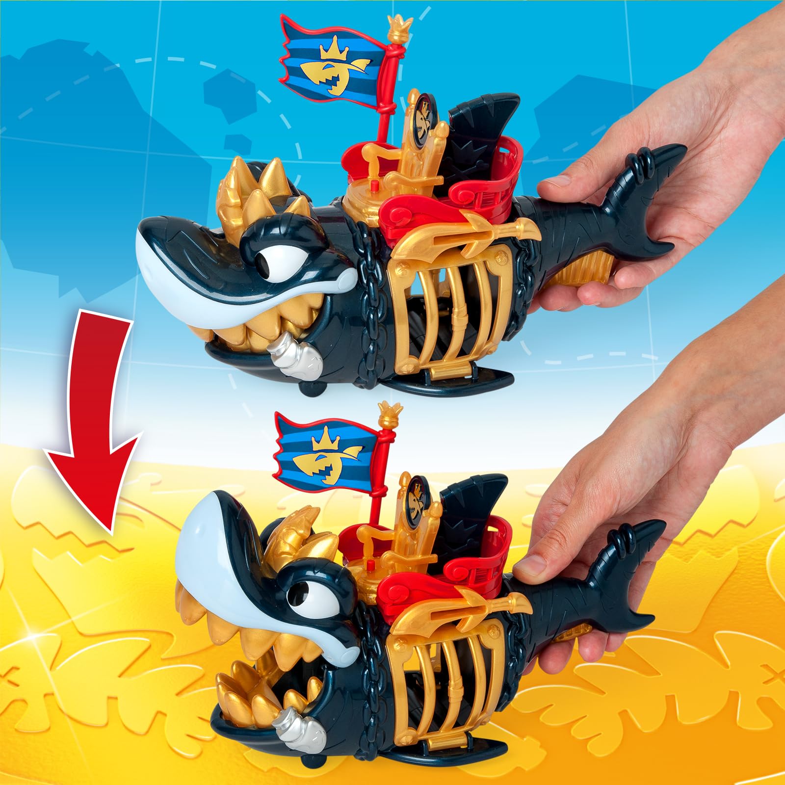 PIRATIX ADVENTURE WORLD King Shark Golden Teeth Playset | Articulated Shark with Cage | Includes Captain Hermitt Figure 8