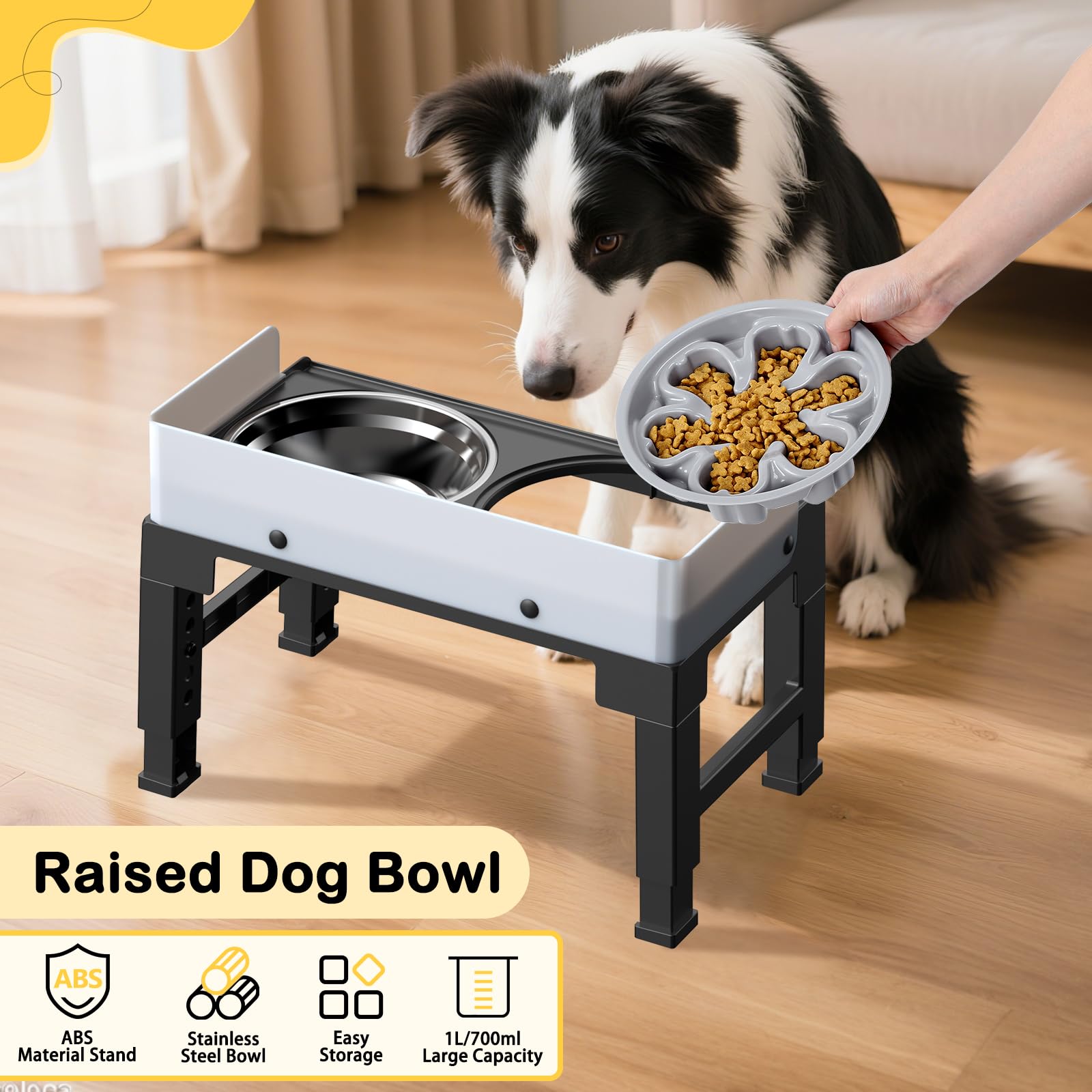 Euqvunn Elevated Dog Bowls with Stand - 6-Level Height Adjustable | 5° Tilt | Includes Slow Feeder 5