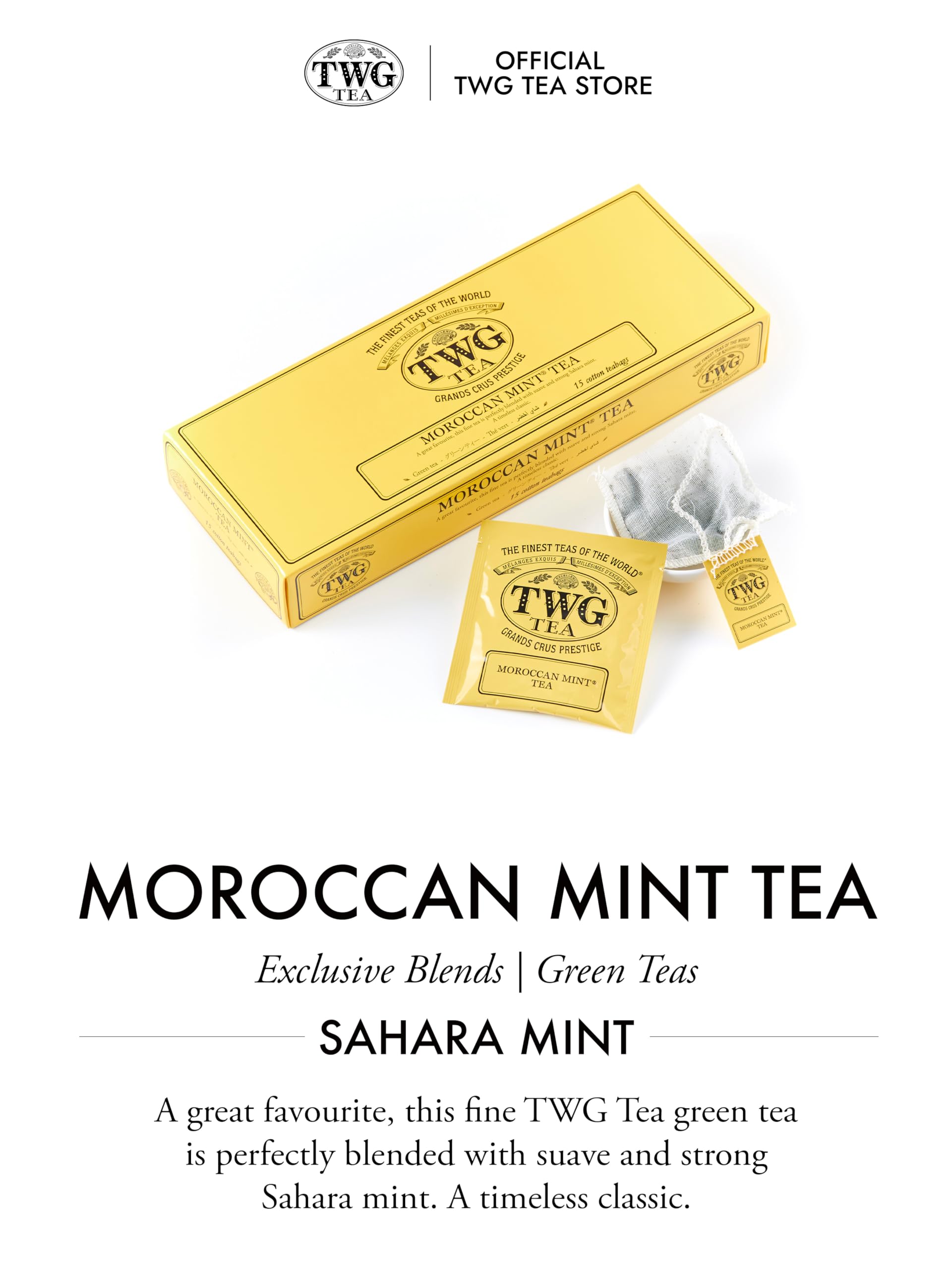 TWG Tea Moroccan Mint Tea - Green Tea with Spearmint Leaves - 15 Hand-Sewn Cotton Teabags - Gift Set 8