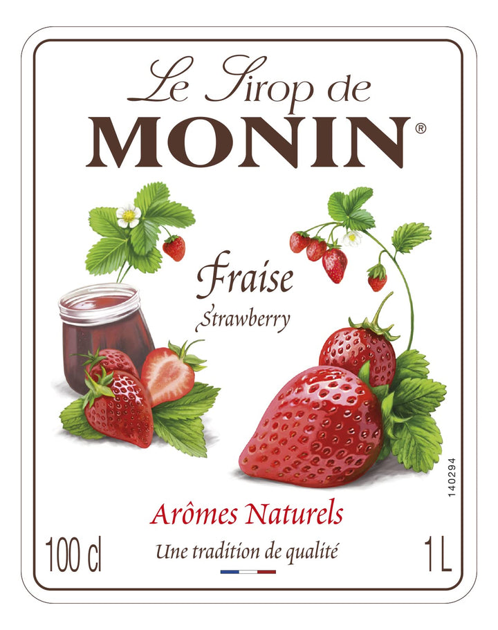Monin Strawberry Syrup 1L - Premium Beverage Syrup for Cocktails, Mocktails & Milkshakes