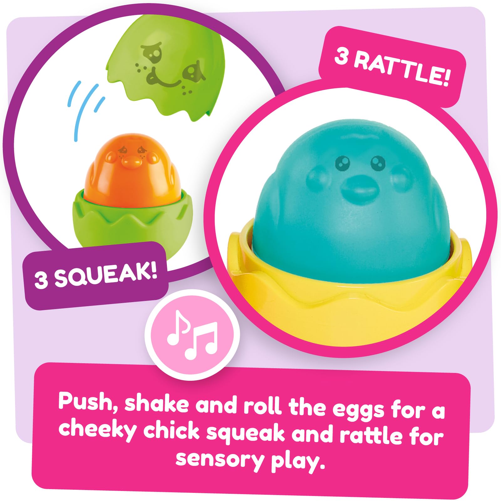 Toomies Hide & Squeak Bright Chicks - 6 Colourful Eggs with Squeak & Rattle | Shape Sorter | Ages 6-36 Months 3