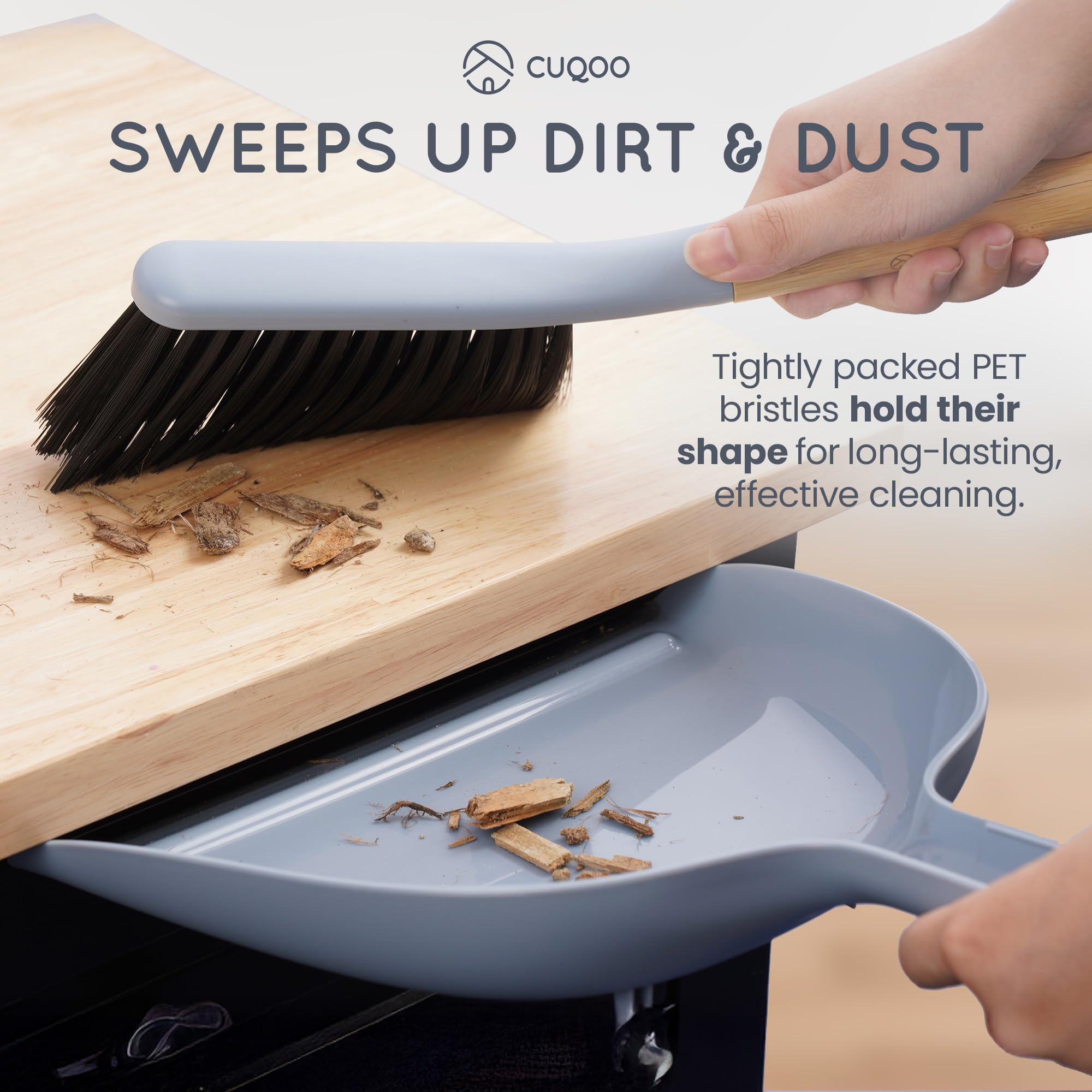 CUQOO Compact Bamboo Dustpan and Brush Set | Soft Scratch-Free Bristles | Grey