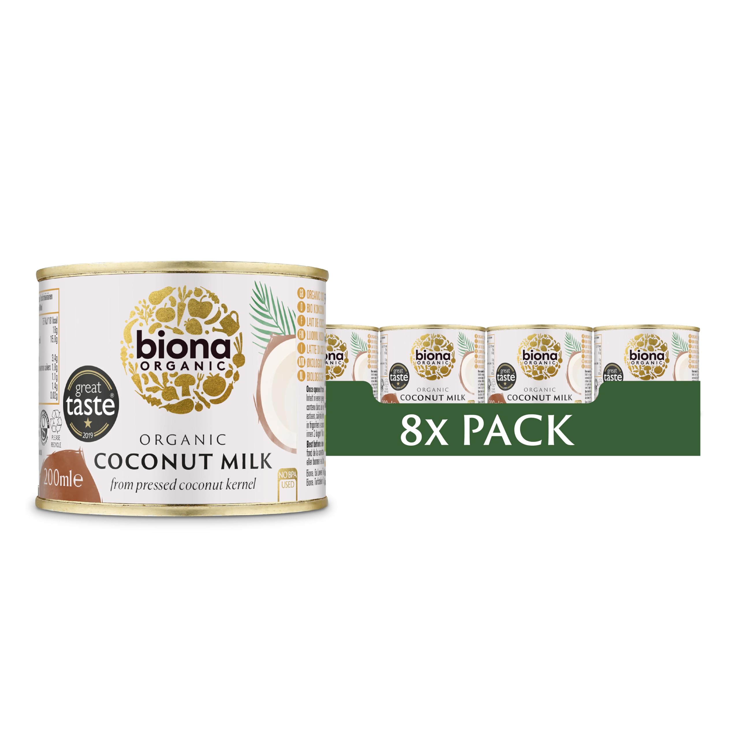 Biona Organic Coconut Milk - Dairy Free, Vegan, Great Taste Award Winner | 8 x 200ml Pack 1