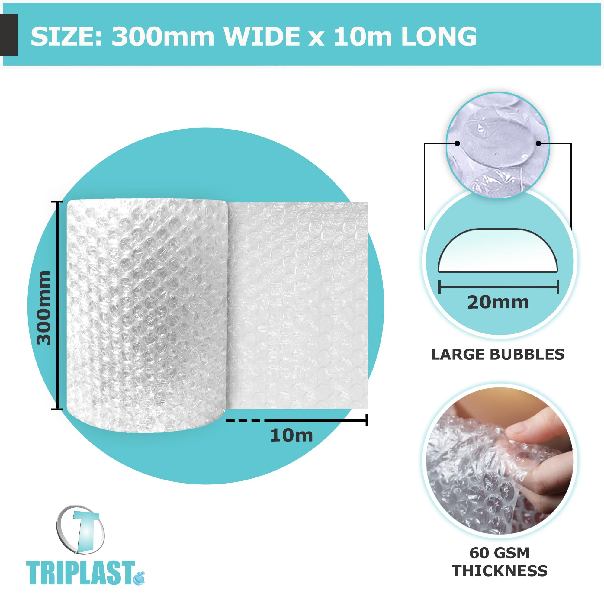 Triplast Large Bubble Wrap Roll - 300mm x 10m | 20mm Large Bubbles | 60gsm Film