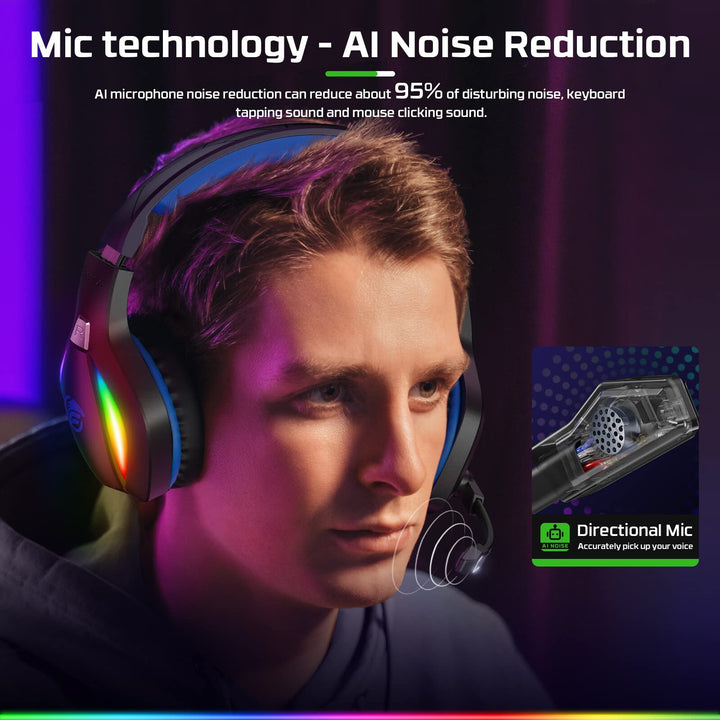Fachixy FC-100 Gaming Headset for PS4, PS5, PC, Xbox One, Switch - RGB Lighting, 50mm Drivers, Noise-Canceling Mic