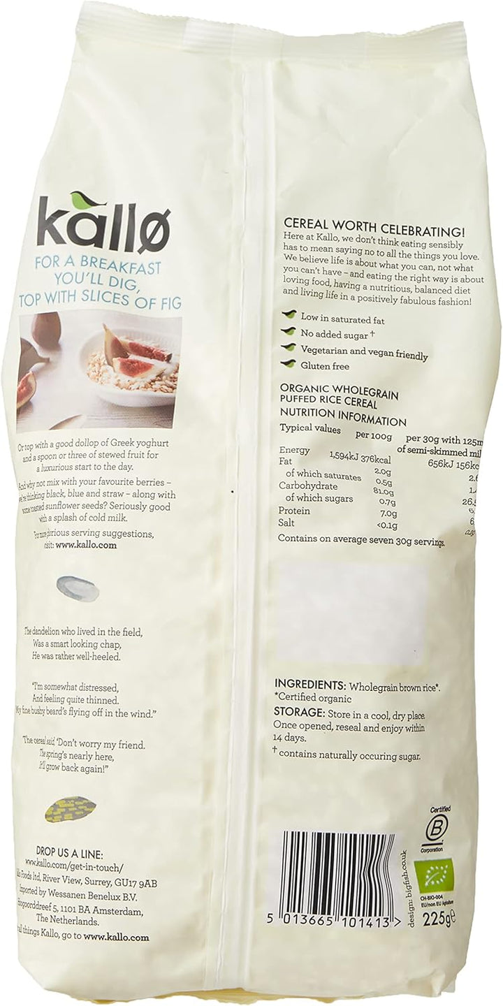 Kallo Gluten Free Organic Wholegrain Puffed Rice Cereal, 225g