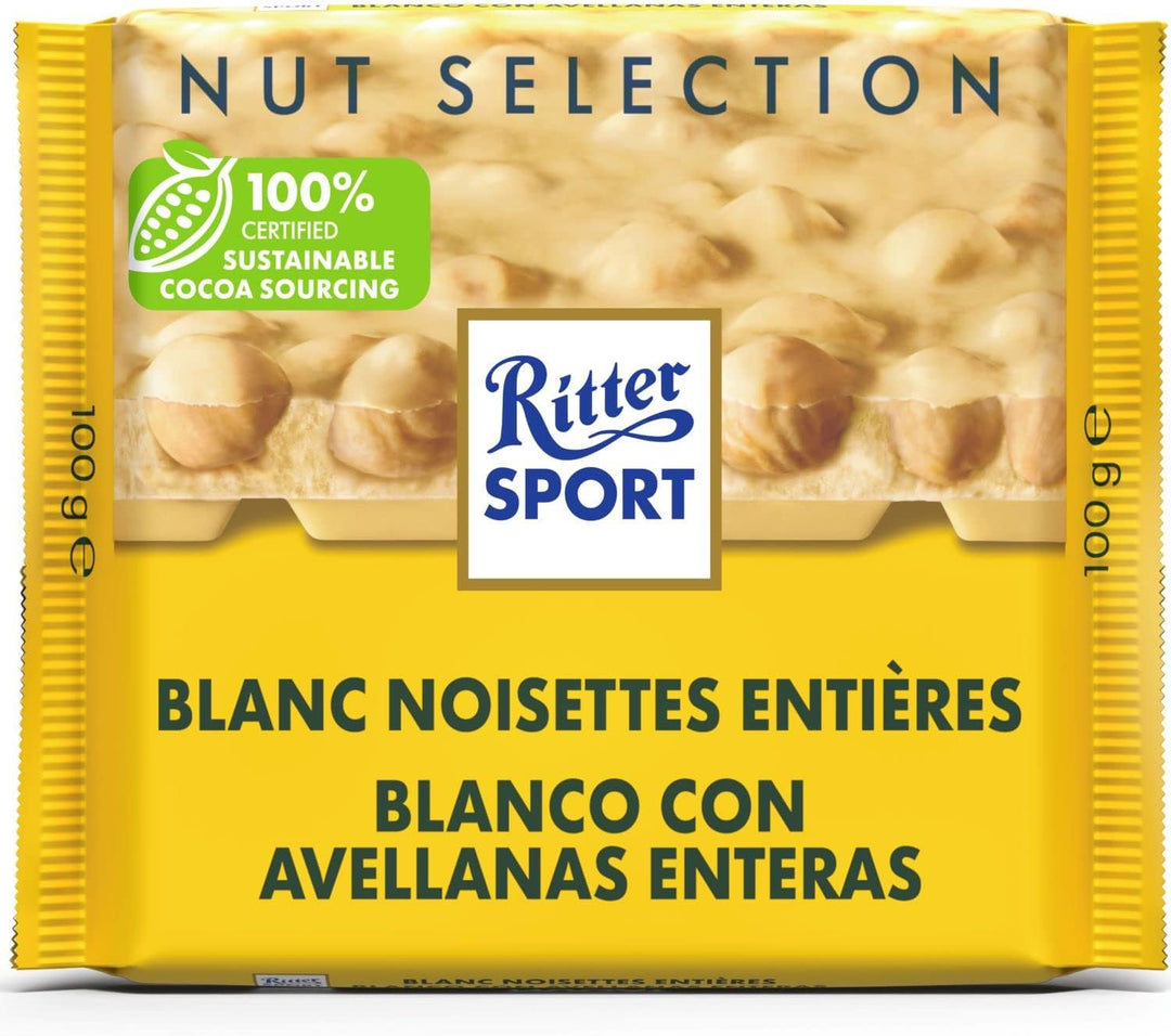 Ritter Sport White Whole Hazelnut Chocolate Bar 100g (Pack of 10)