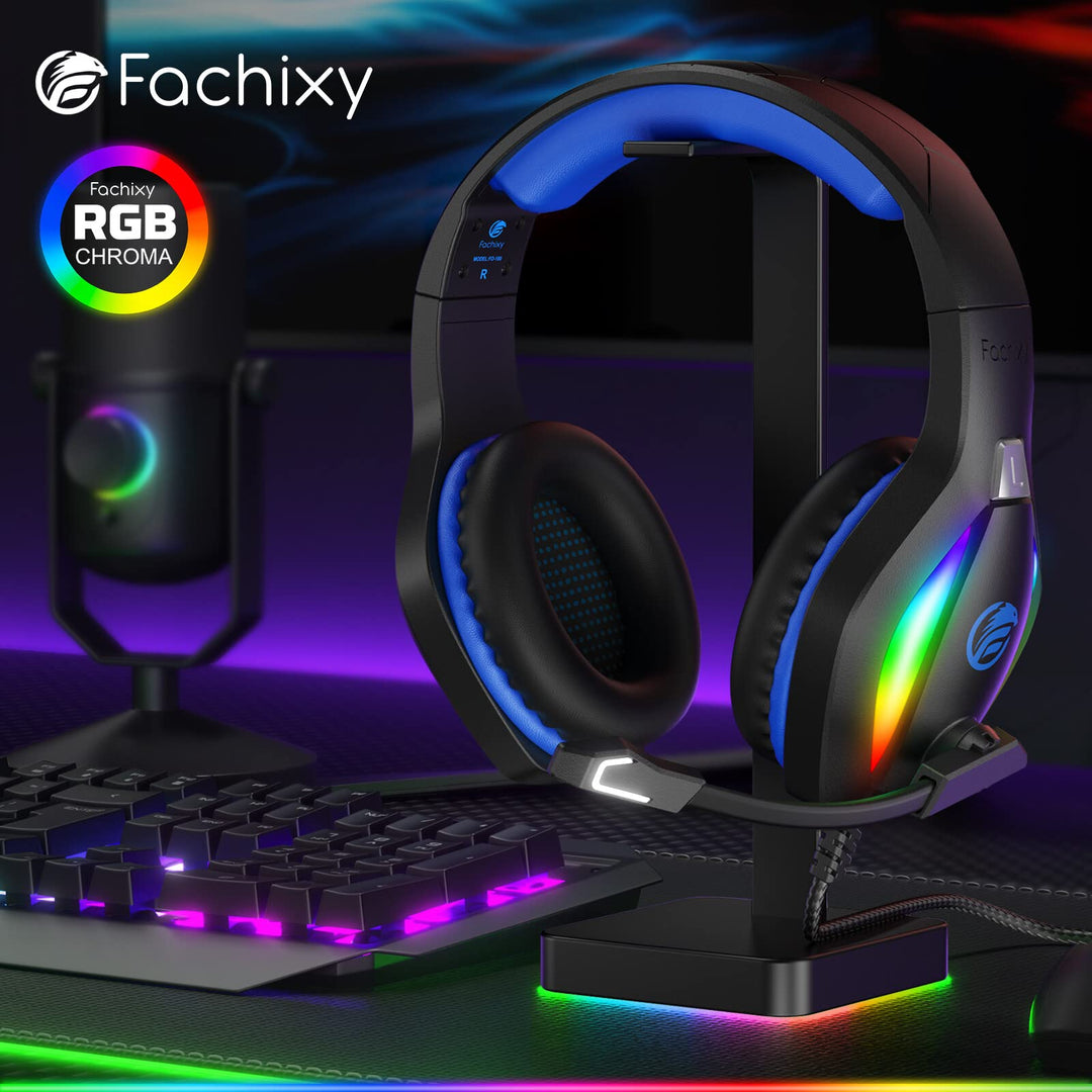 Fachixy FC-100 Gaming Headset for PS4, PS5, PC, Xbox One, Switch - RGB Lighting, 50mm Drivers, Noise-Canceling Mic