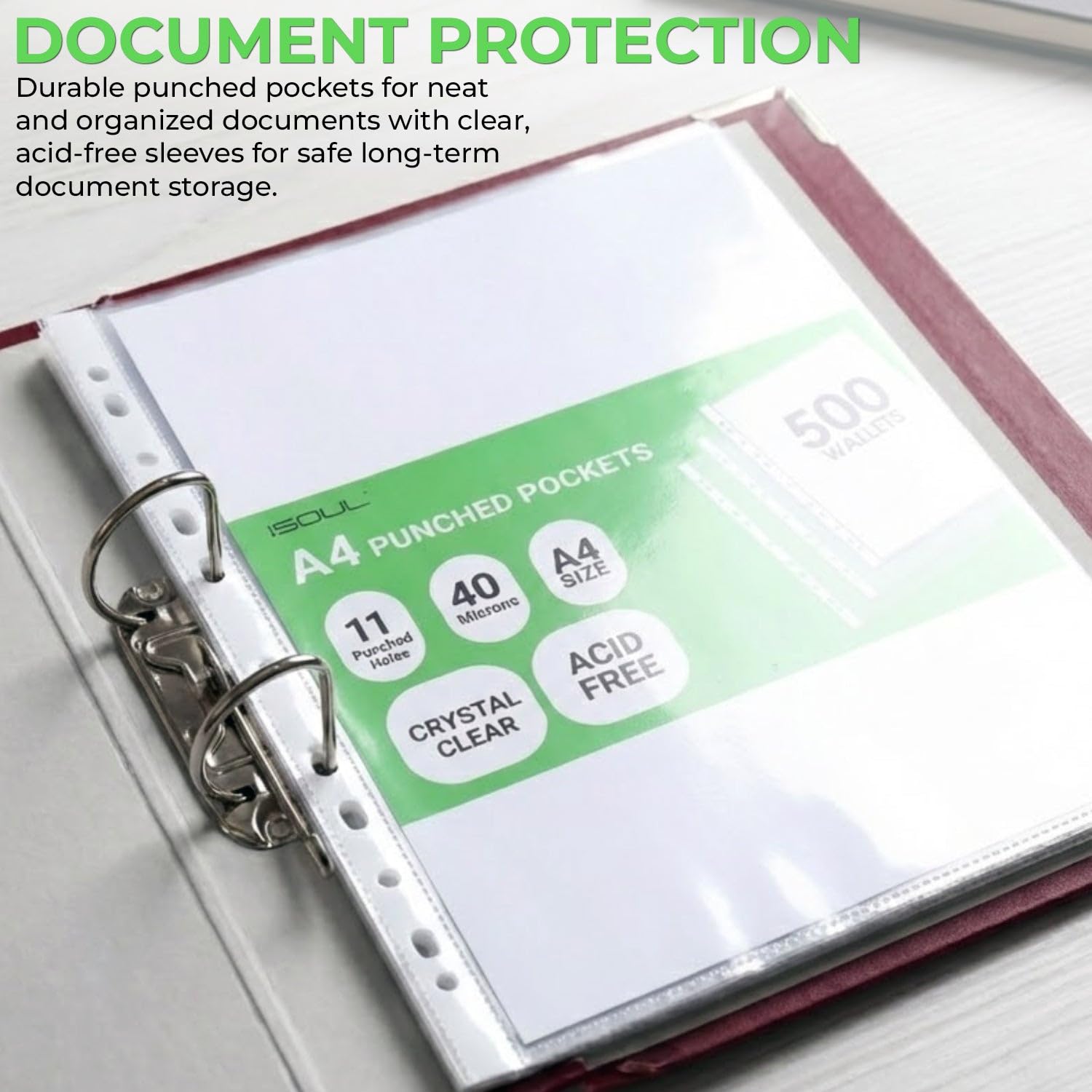 iSOUL A4 Plastic File Pockets - 100 Pack Heavy Duty 40 Micron with 11 Reinforced Holes | Crystal Clear 5