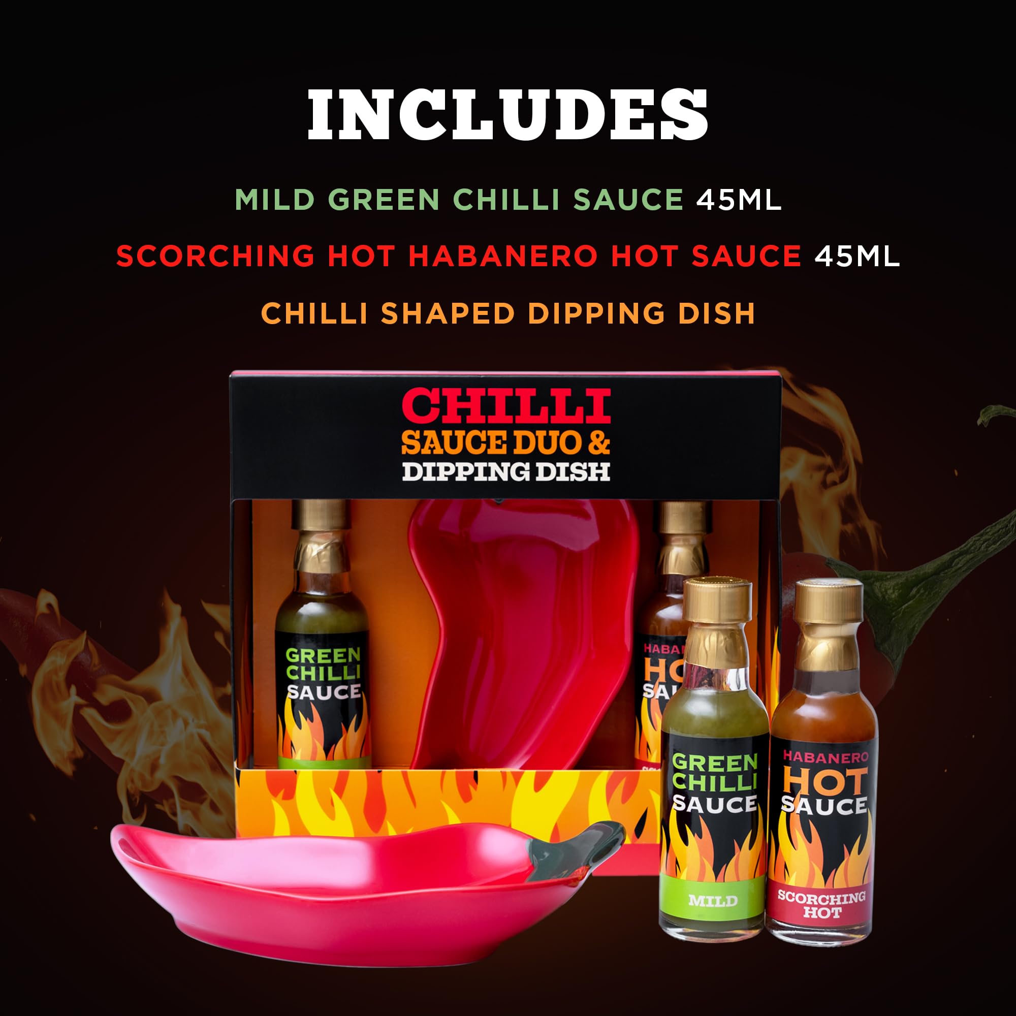 Hot Sauce Gift Set - Mild Green Chilli & Habanero Sauce Duo with Chilli Shaped Dipping Dish 11