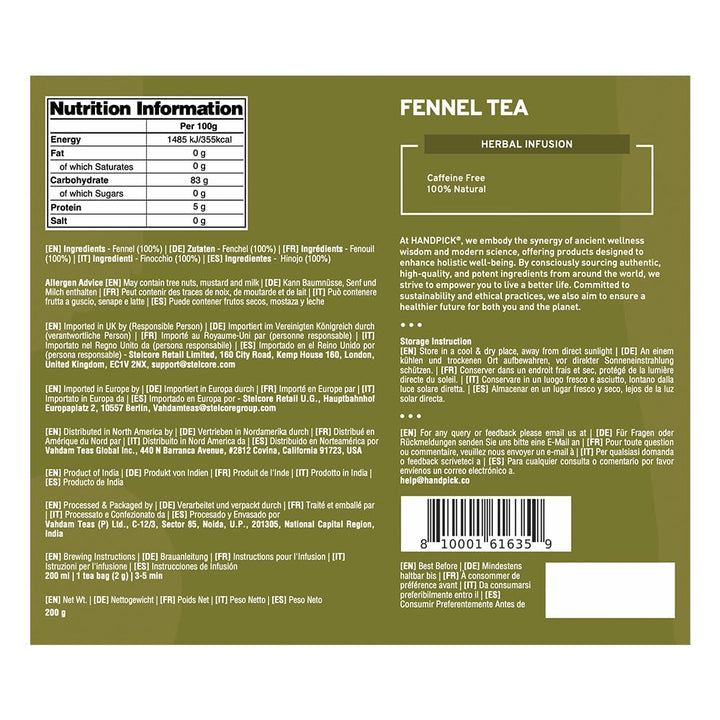 HANDPICK Fennel Tea (100 Eco Conscious Tea Bags) - Caffeine & Gluten Free