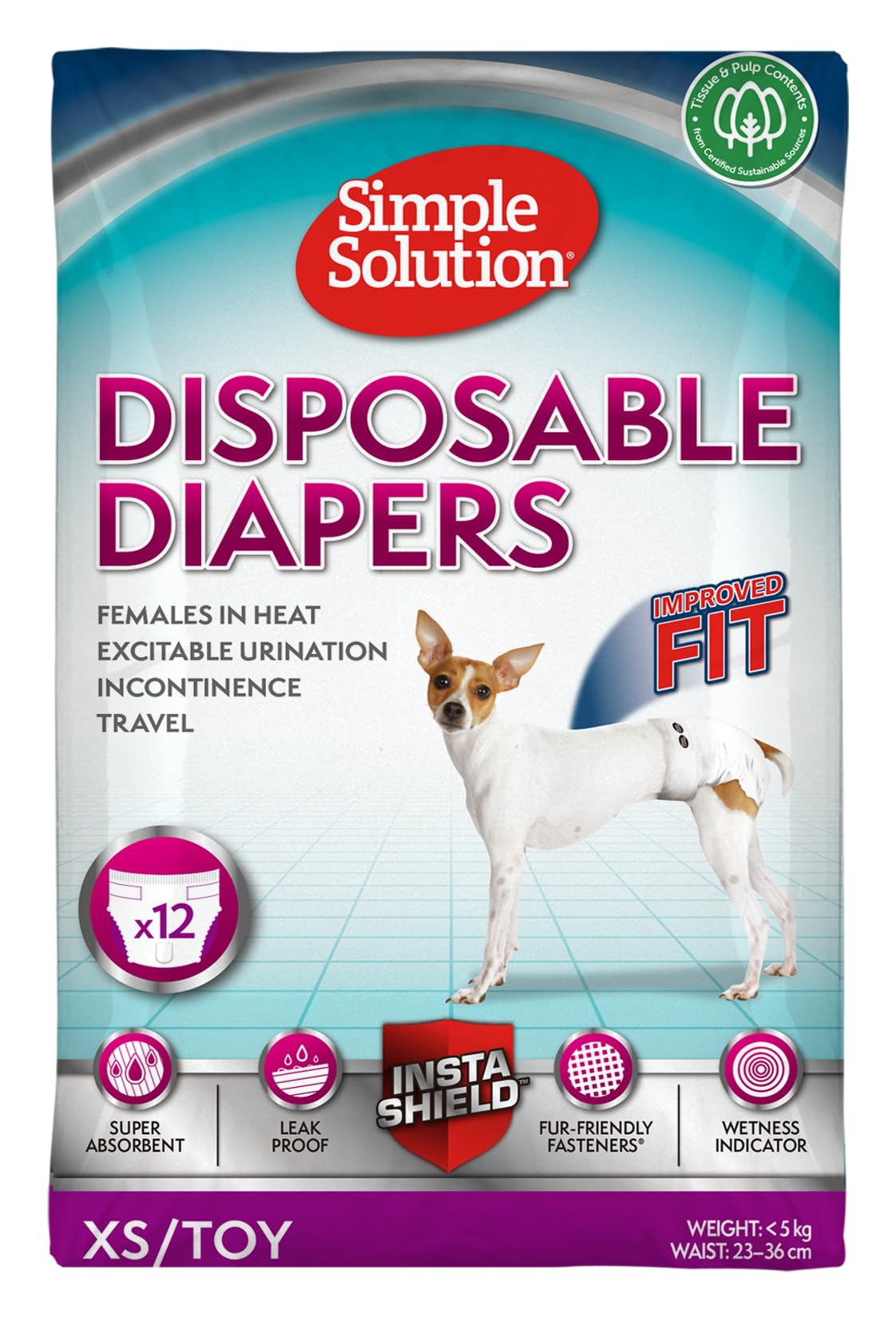 Simple Solution Disposable Dog Diapers for Female Dogs | XS/Toy <5kg | 12 Pack