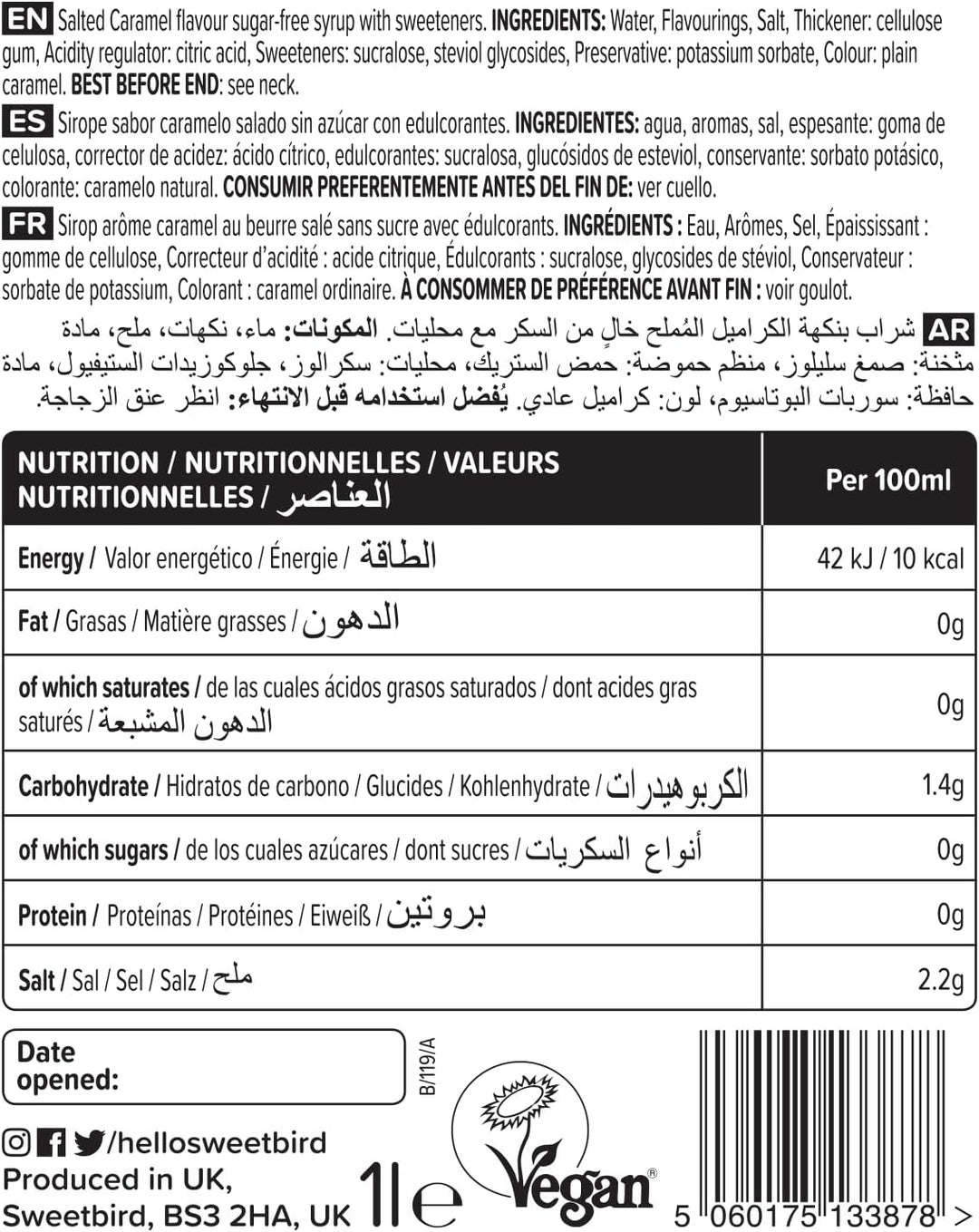 Sweetbird Sugar Free Salted Caramel Syrup 1 Litre | NSB506 | Vegan Friendly