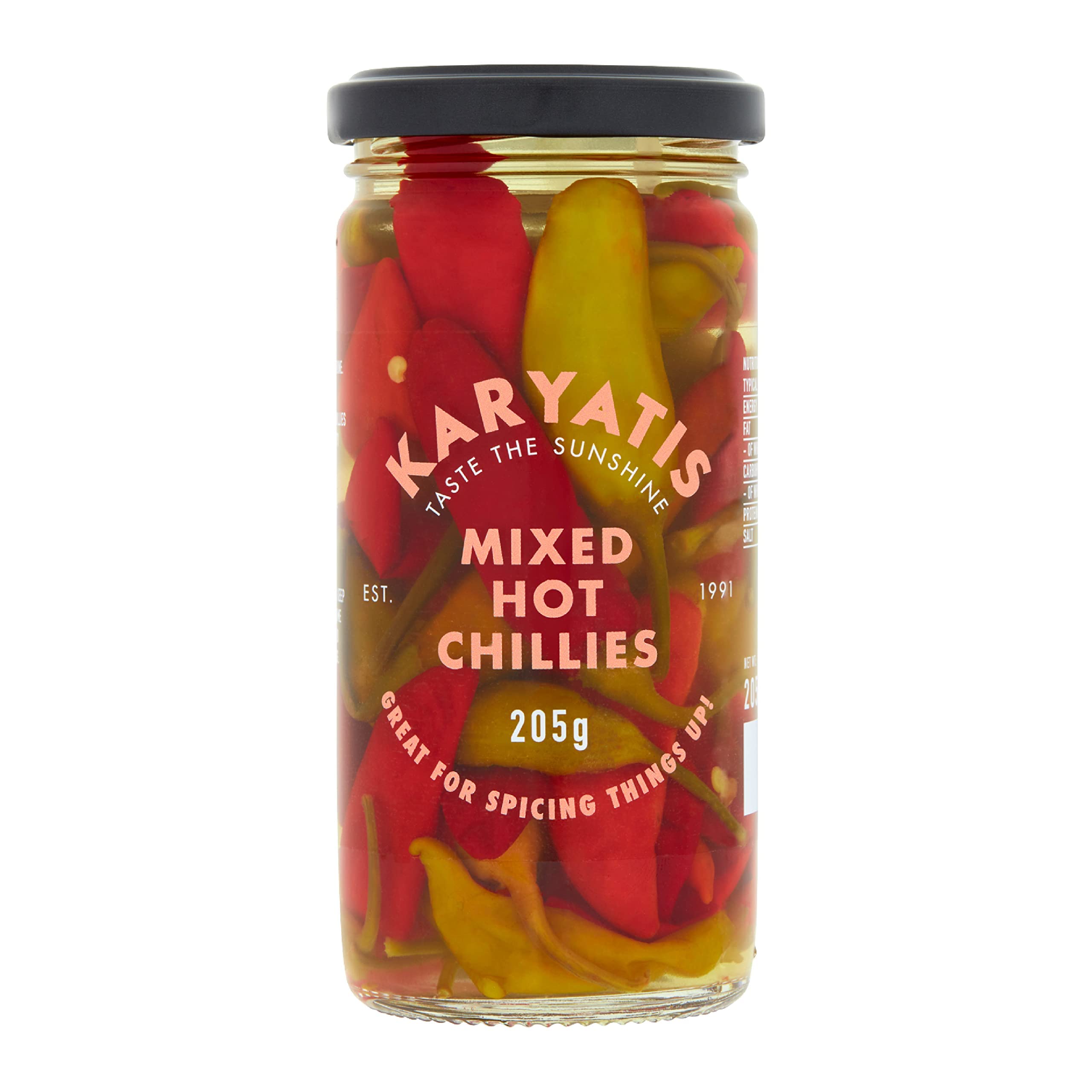 Karyatis Mixed Hot Chillies in Brine - Whole Red & Green Peppers | 205g Glass Jar 1