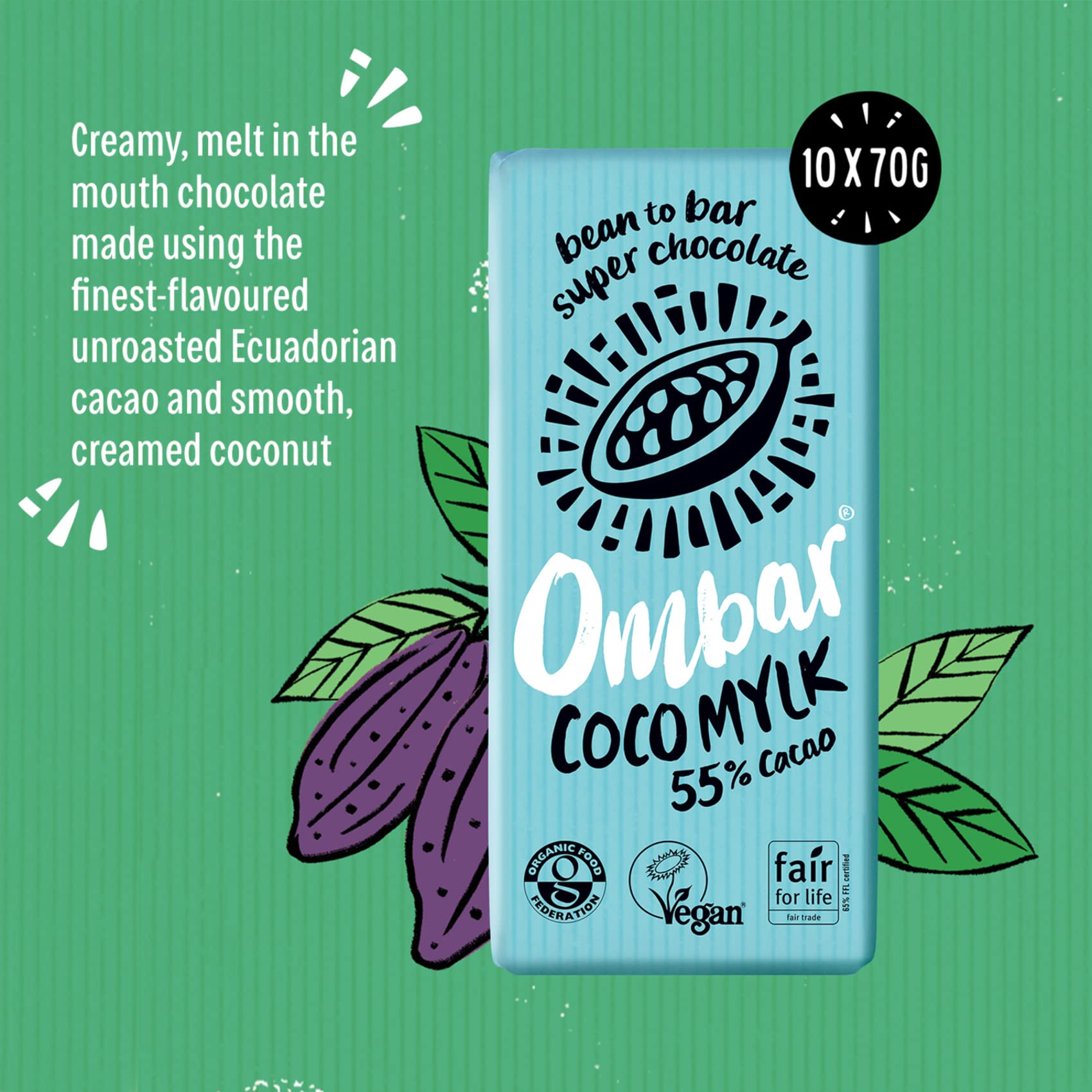 Ombar Coco M"lk 55% Cacao Vegan Chocolate Bar (70g x 10) - Organic Dairy-Free Treat 3