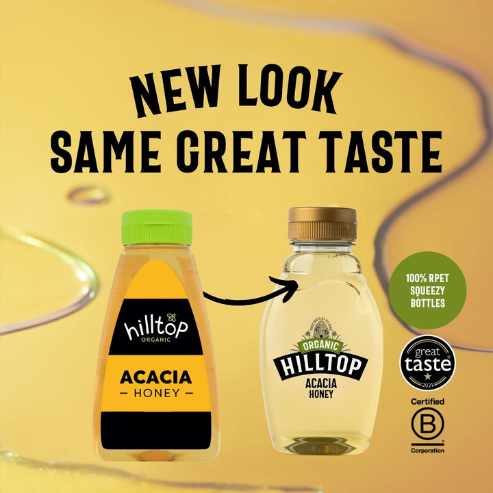Hilltop Honey - Organic Acacia Honey - Squeezy Bottle - 340g