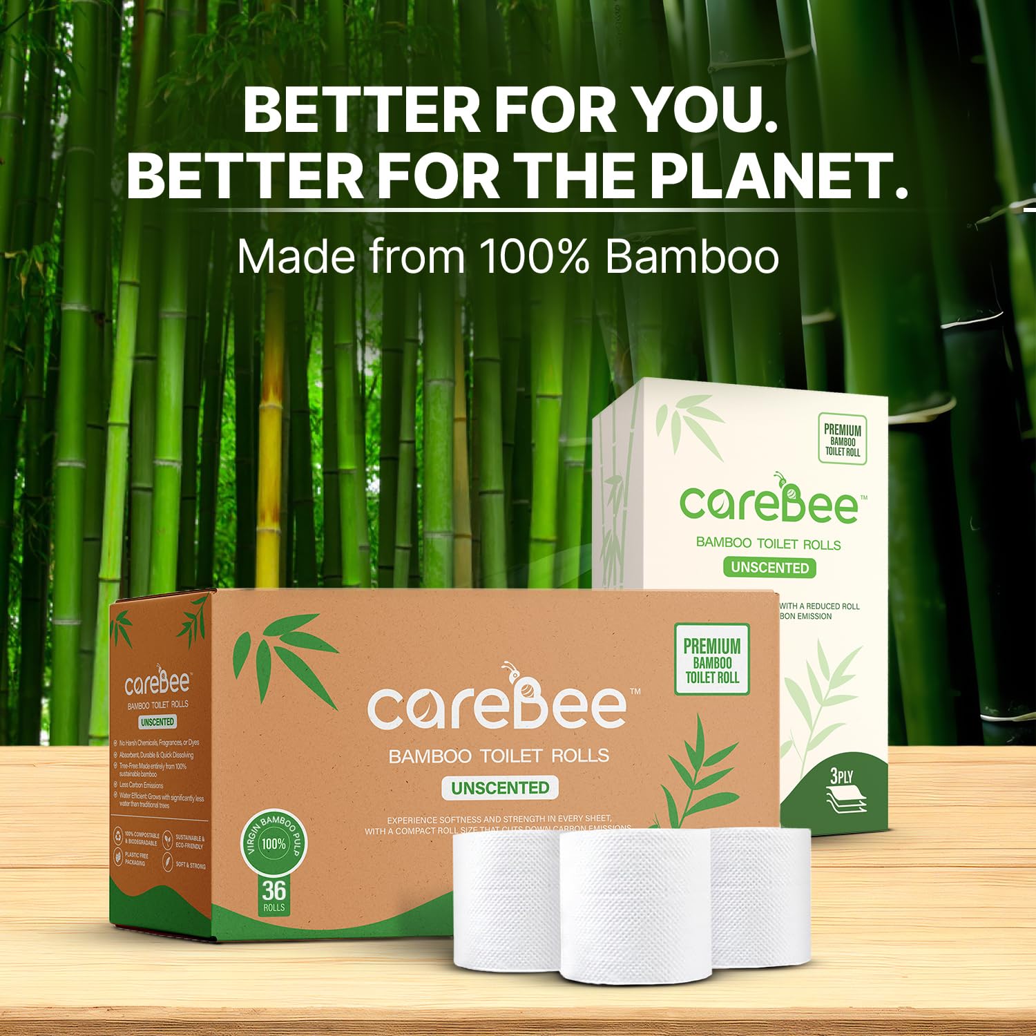 CareBee Bamboo Toilet Rolls - 3-Ply, Unscented, 12 Rolls | Plastic-Free Packaging 3