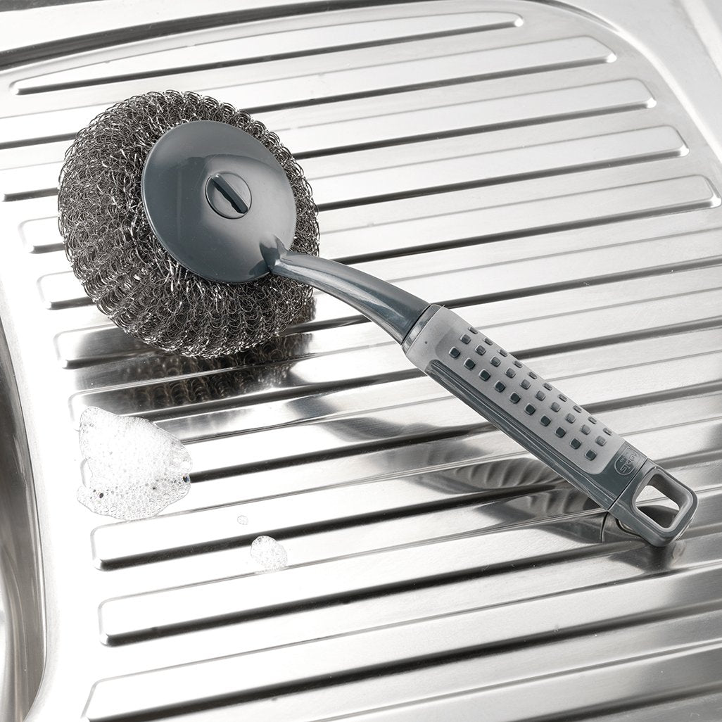 Addis 517706 ComfiGrip Long Handled Scourer Scrub Brush | Metallic Graphite | 26 x 10 x 12 cm