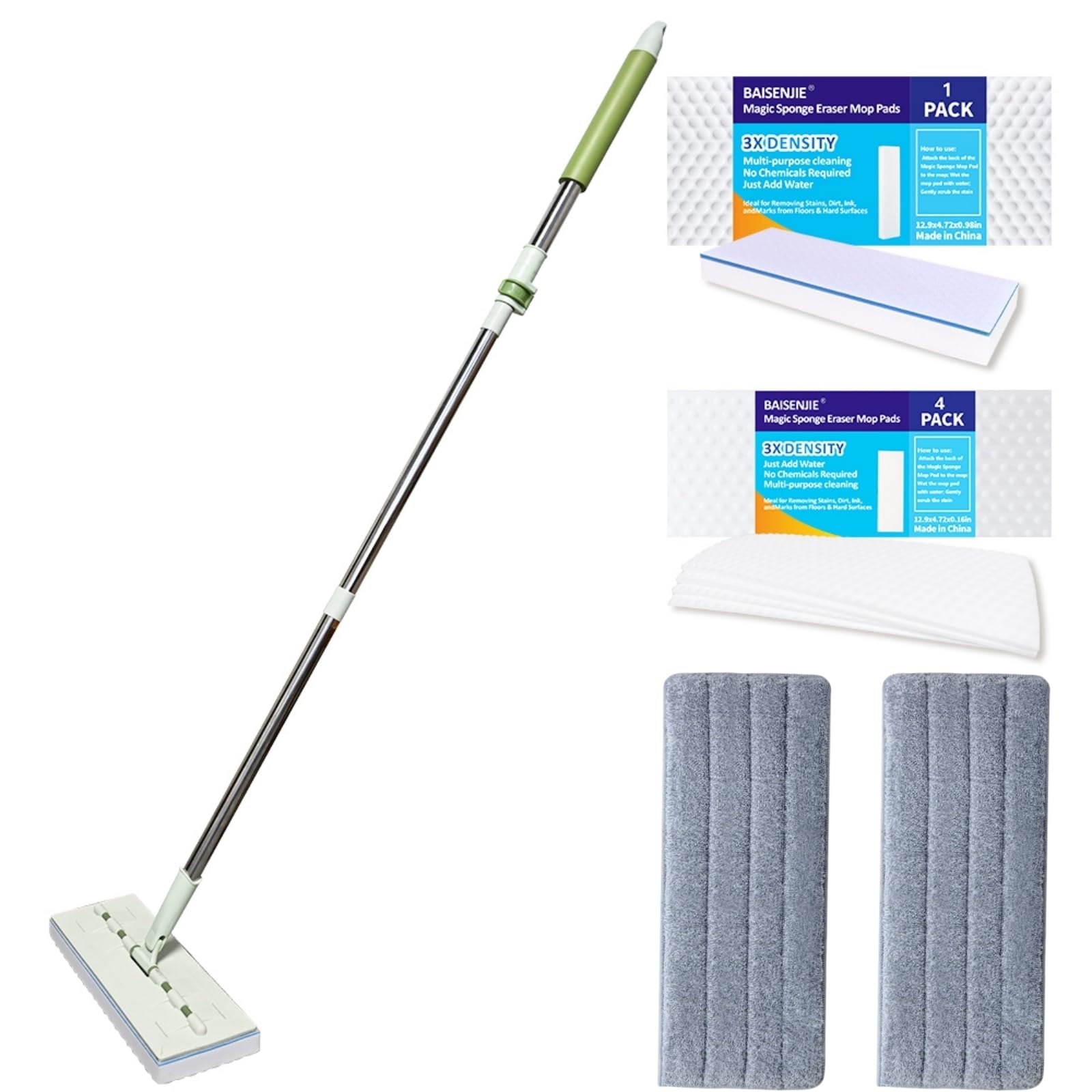 BAISENJIE Flat Mop - 60" Adjustable Handle, 13" Wide Head, Includes 7 Replacement Pads 1