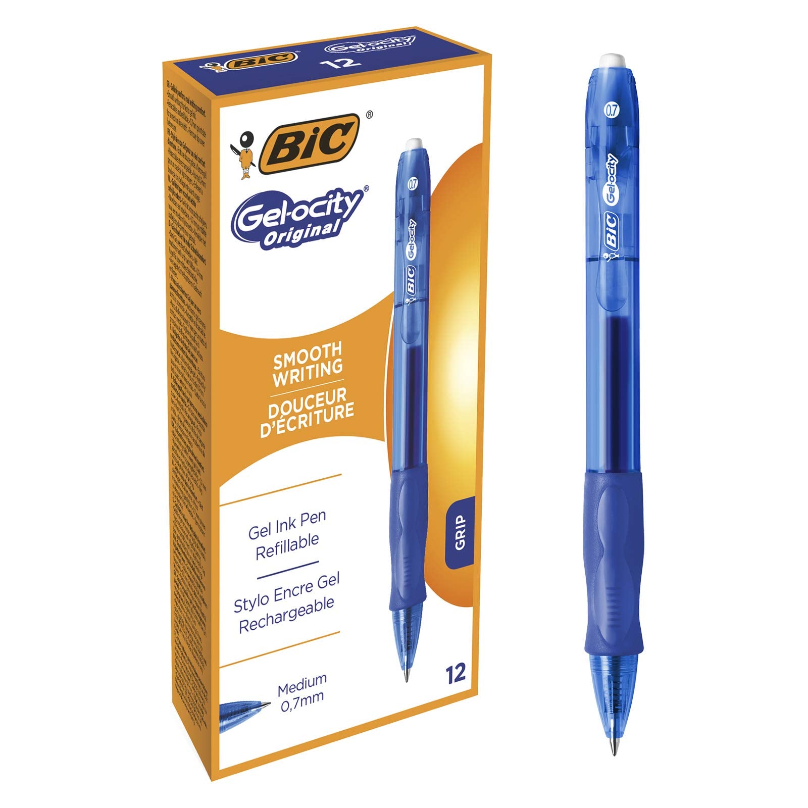BIC Velocity 0.7 mm Retractable Gel Pen - Blue Ink | Comfort Rubber Grip | 12 Count Pack 1