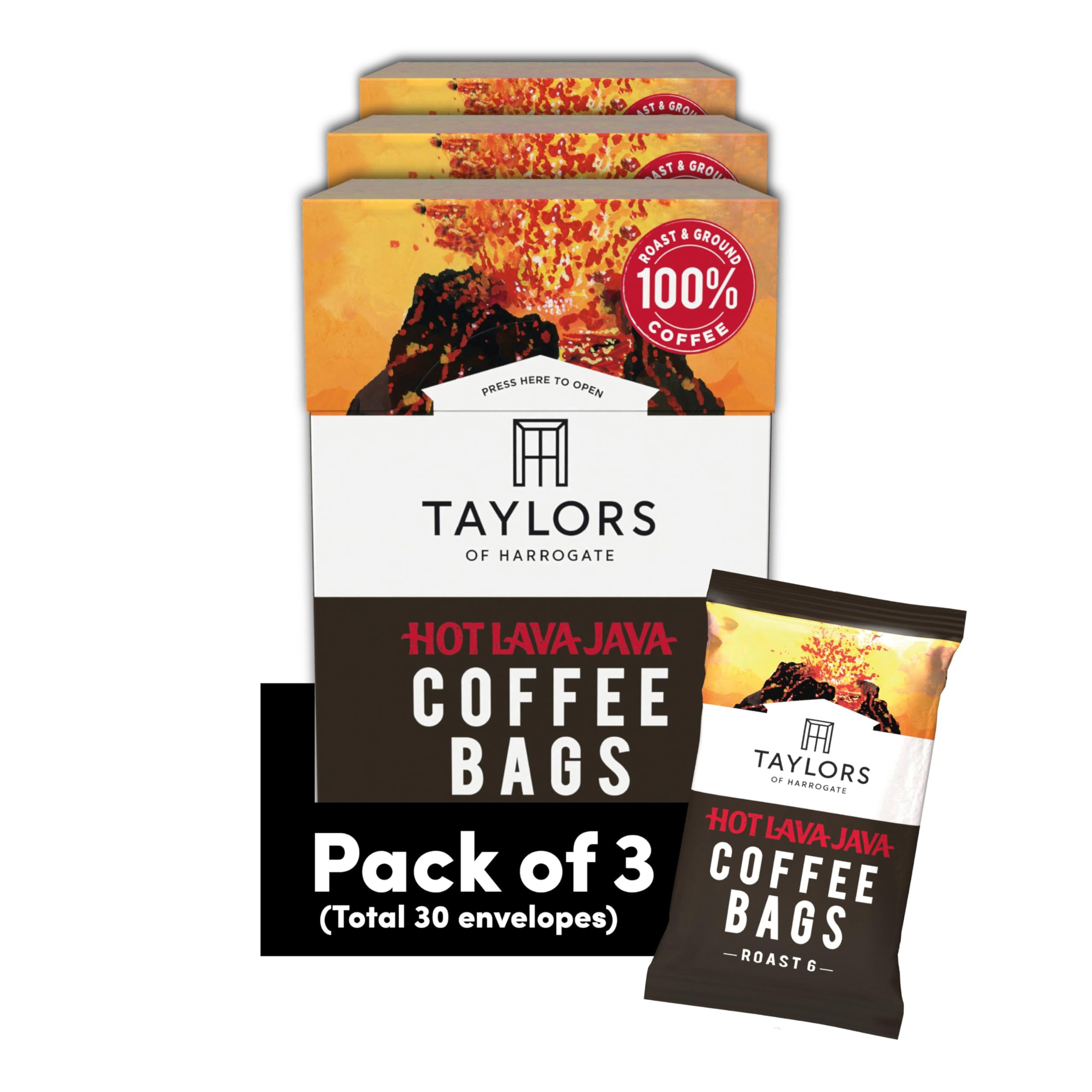 Taylors of Harrogate Hot Lava Java Ground Coffee Roast 6 - 30 Bags (3 x 10 Count) | Dark Roast