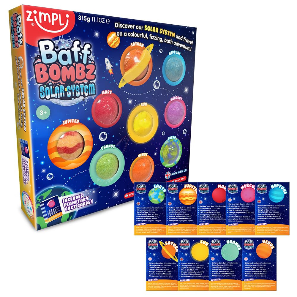 ZIMPLI 9 x Solar System Baff Bombz & 9 x Planetary Fact Cards | Educational Bath Toys | Strawberry Scented 1