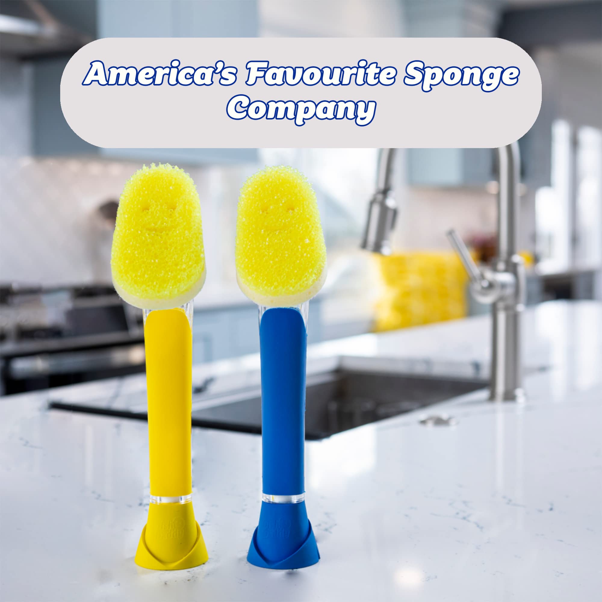 Scrub Daddy Dish Wand Scheuerbürste mit Griff – Spülbürste mit Seifenspender und abnehmbarem Schwammkopf, Blau