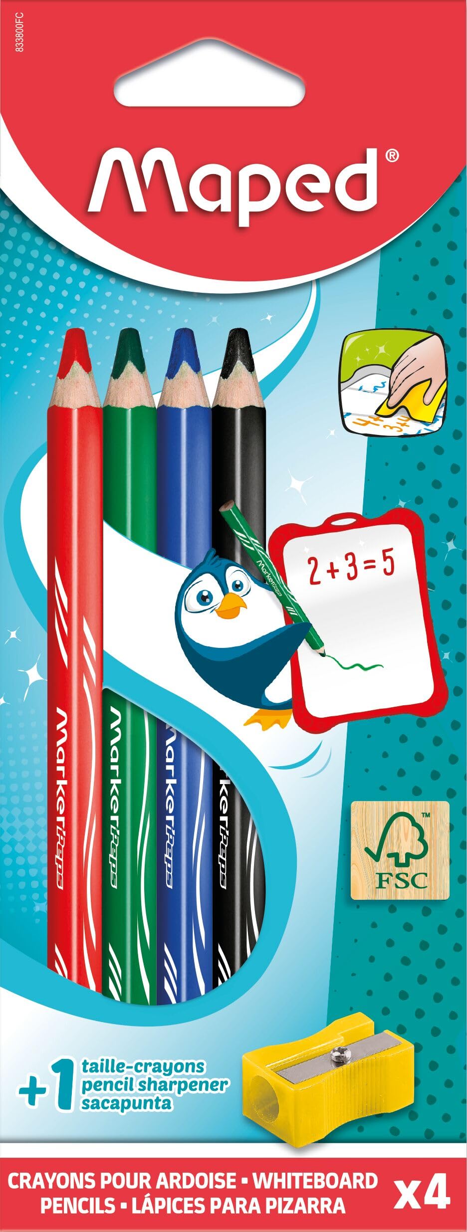 Maped Wooden Dry Erase Pencils - 4 Assorted Colours with Sharpener | Wood Material