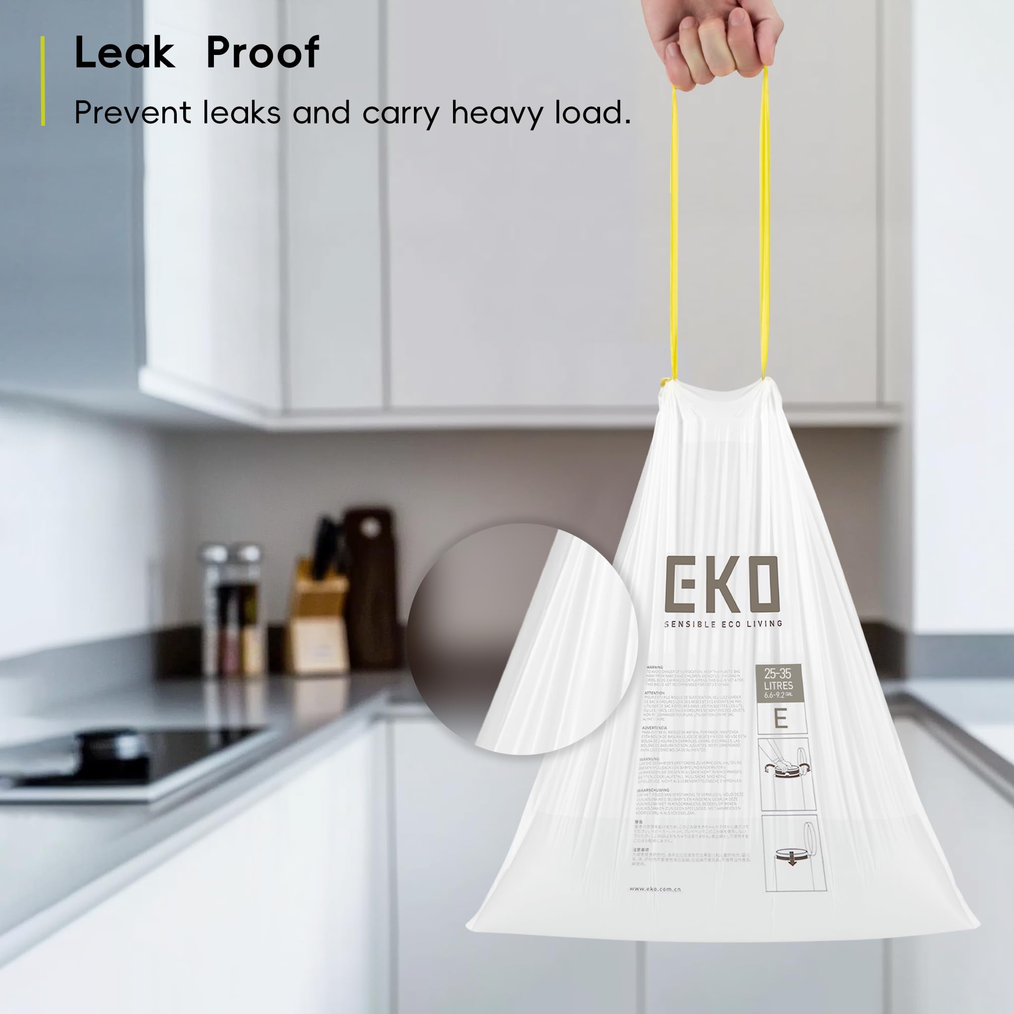 EKO Extra Strong Drawstring Bin Liners for 40-60L Kitchen Bins - 12 Pack White Trash Bags 4