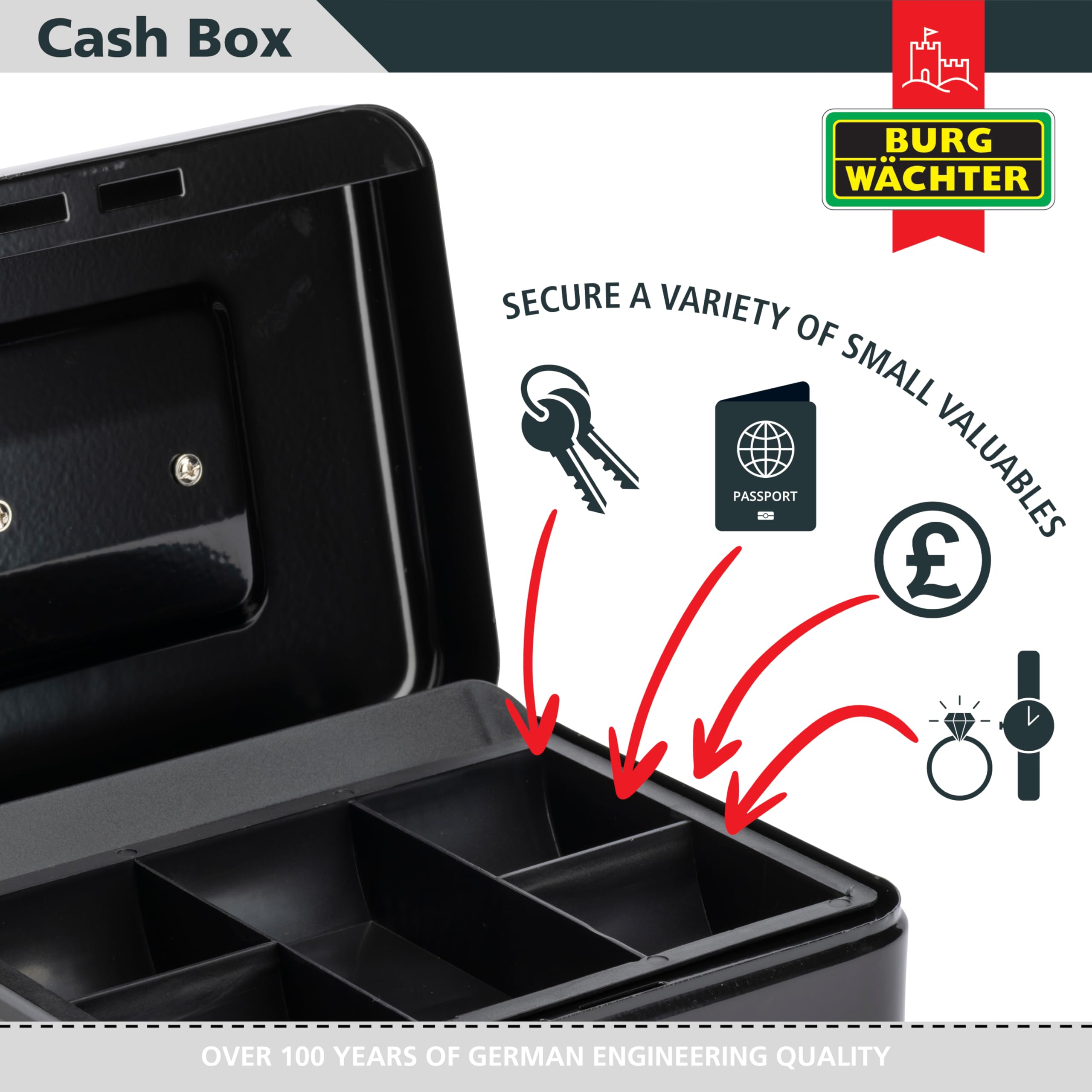 Burg-Wächter CB03GR Money 5025 Cash Box - 10' Size | Black Metal | Key Lock 4